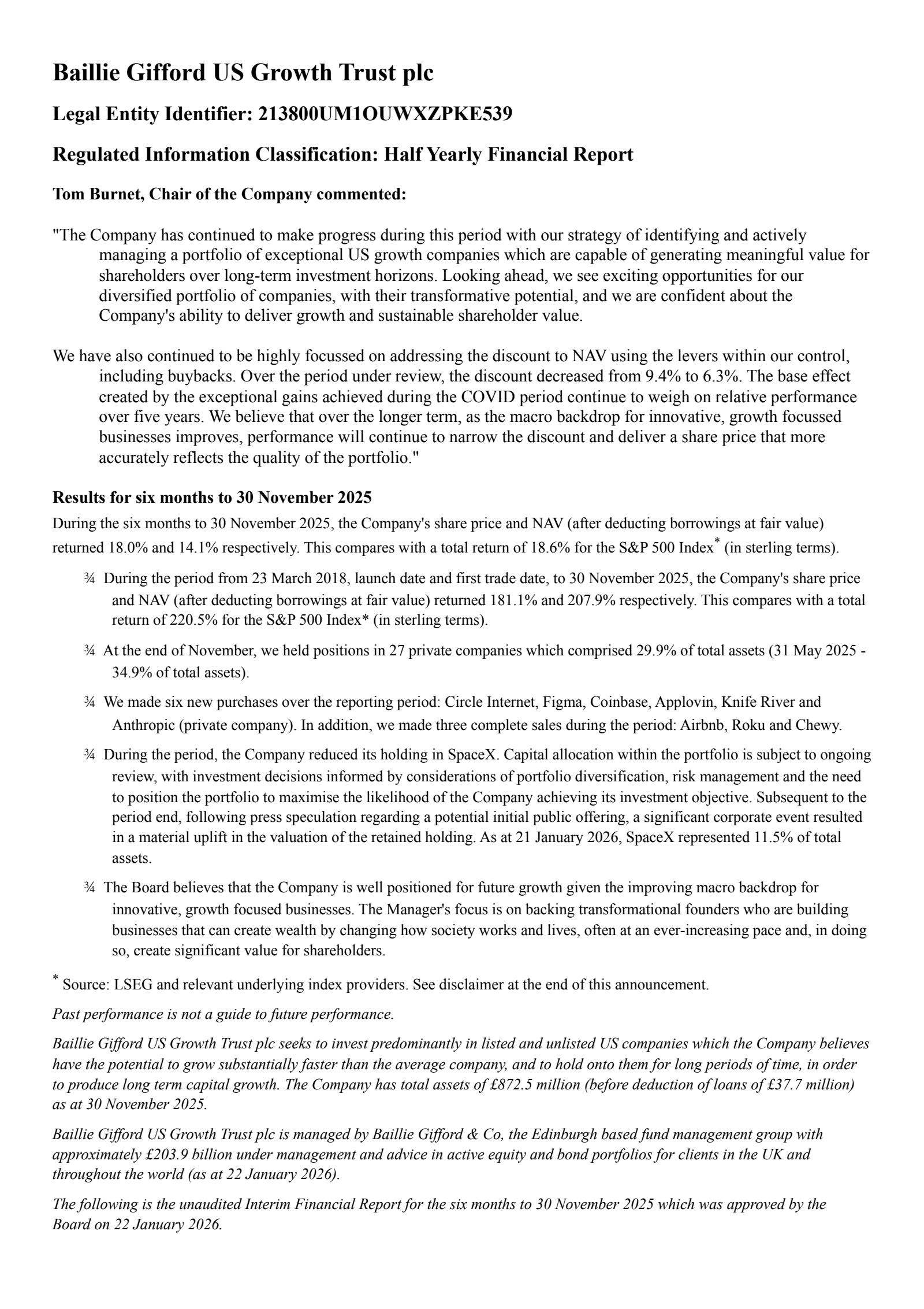 Baillie Gifford US Growth's H1 2026 Interim report