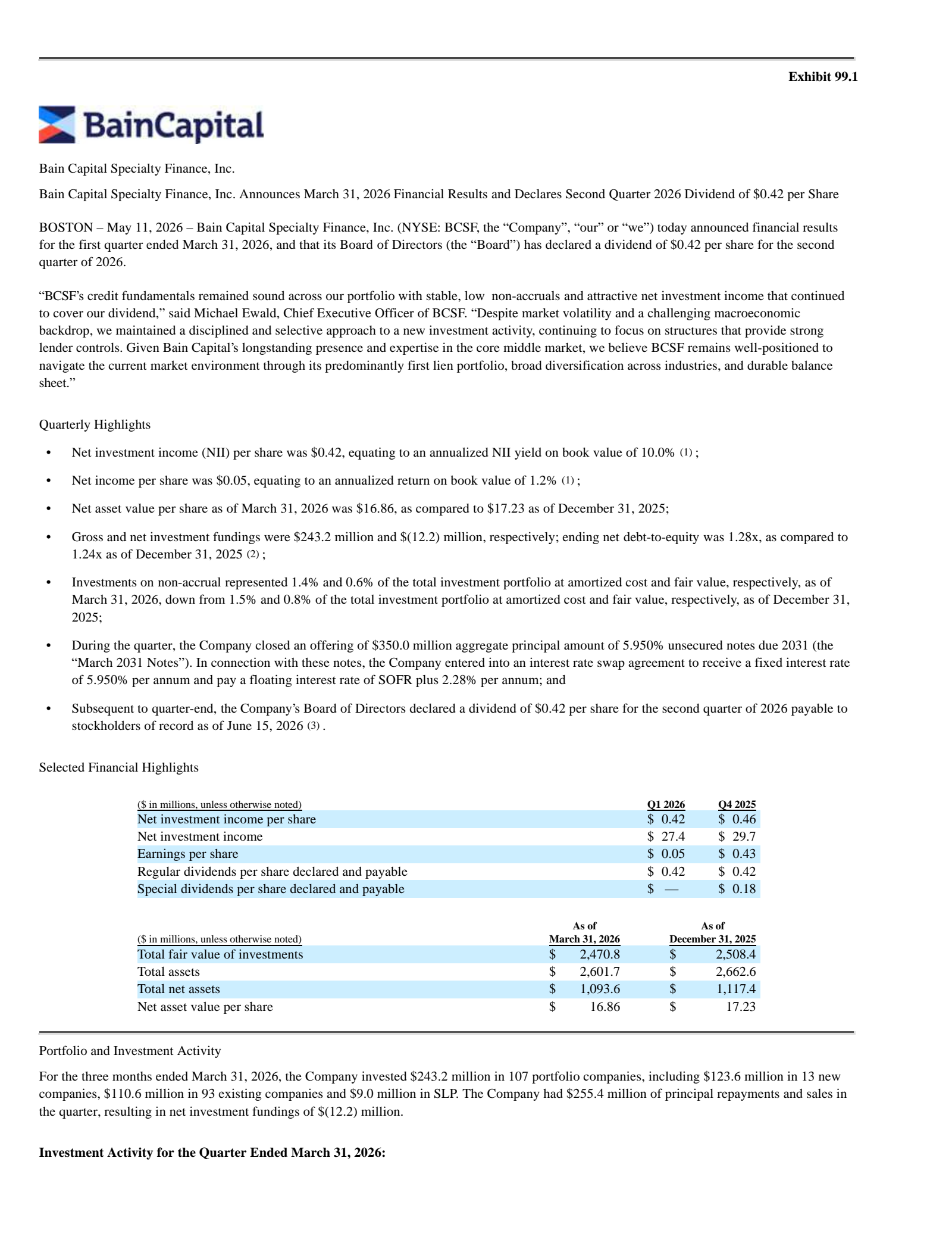 Bain Capital Specialty Finance's Q1 2026 Press Release