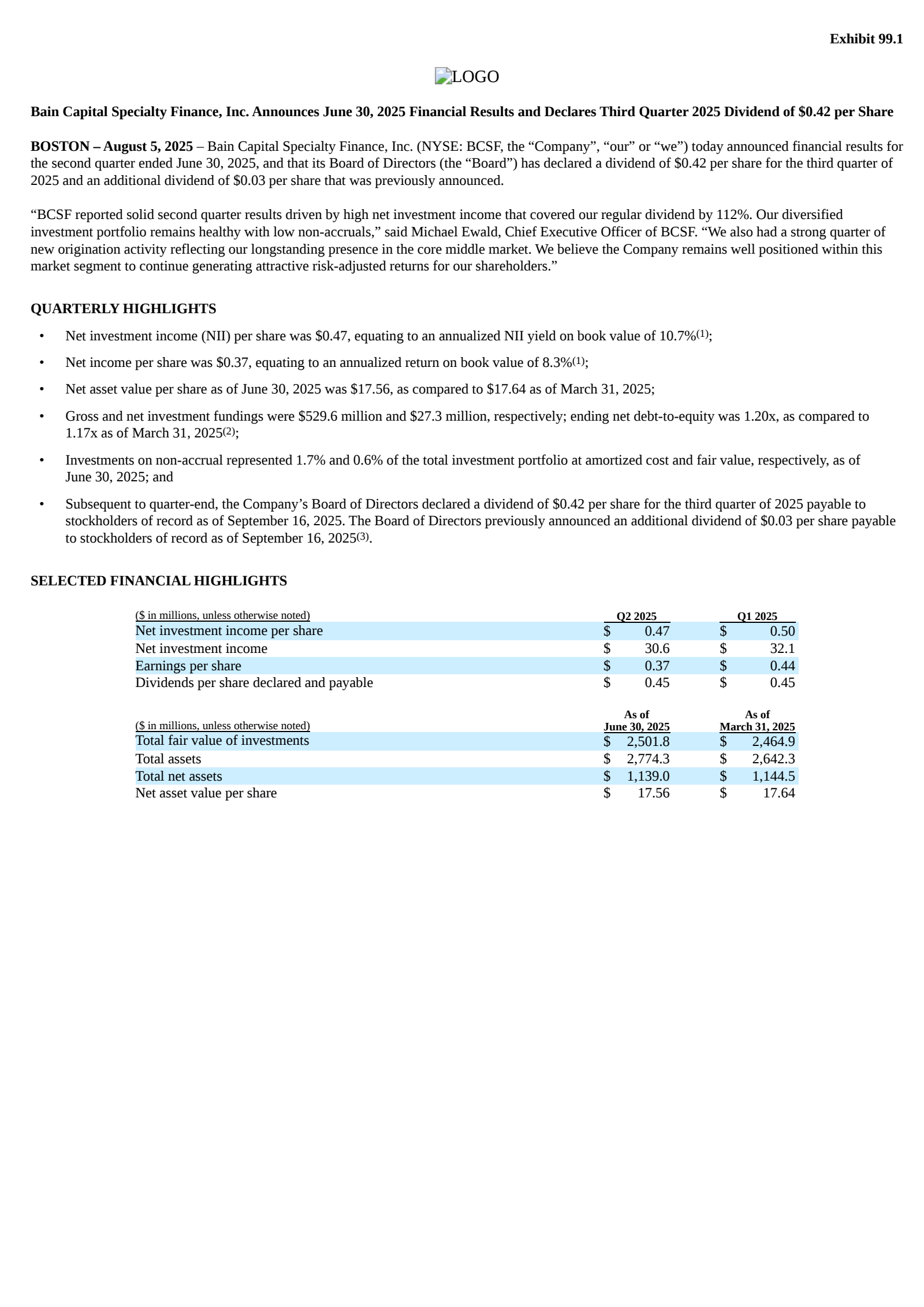 Bain Capital Specialty Finance's Q2 2025 Press Release