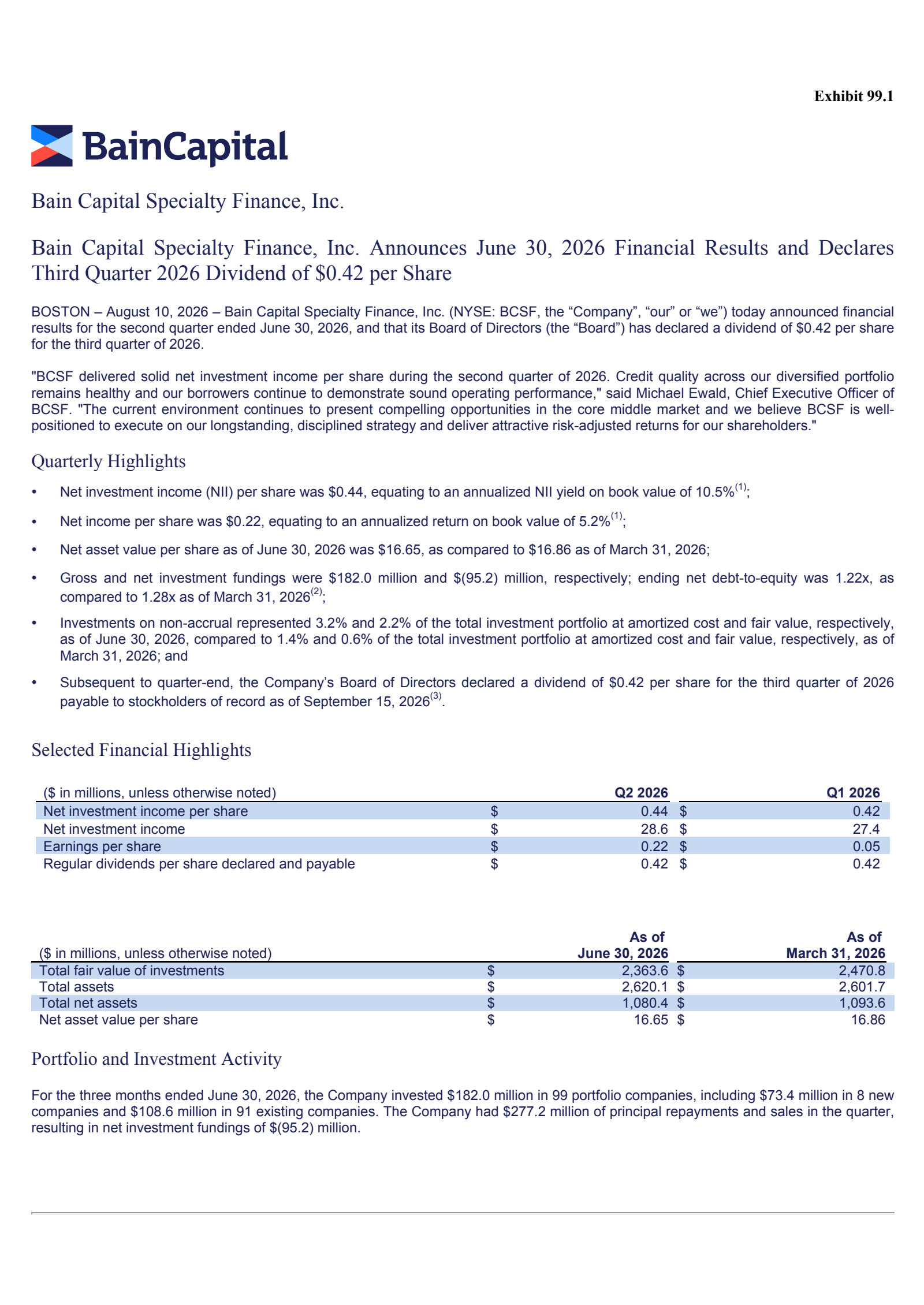 Bain Capital Specialty Finance's Q2 2026 Press Release
