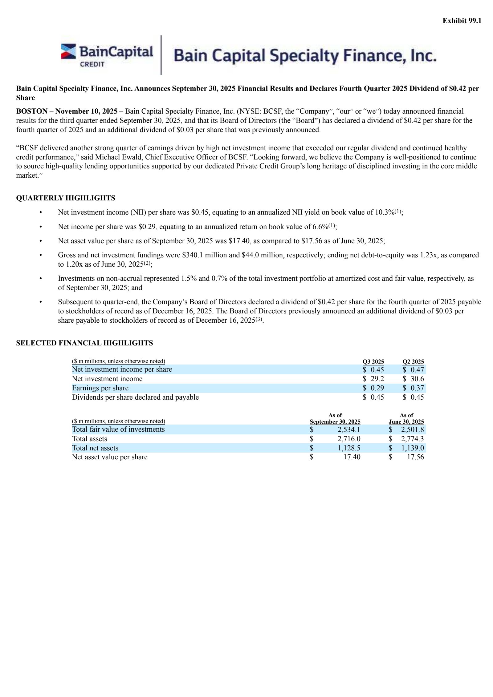 Bain Capital Specialty Finance's Q3 2025 Earnings Release