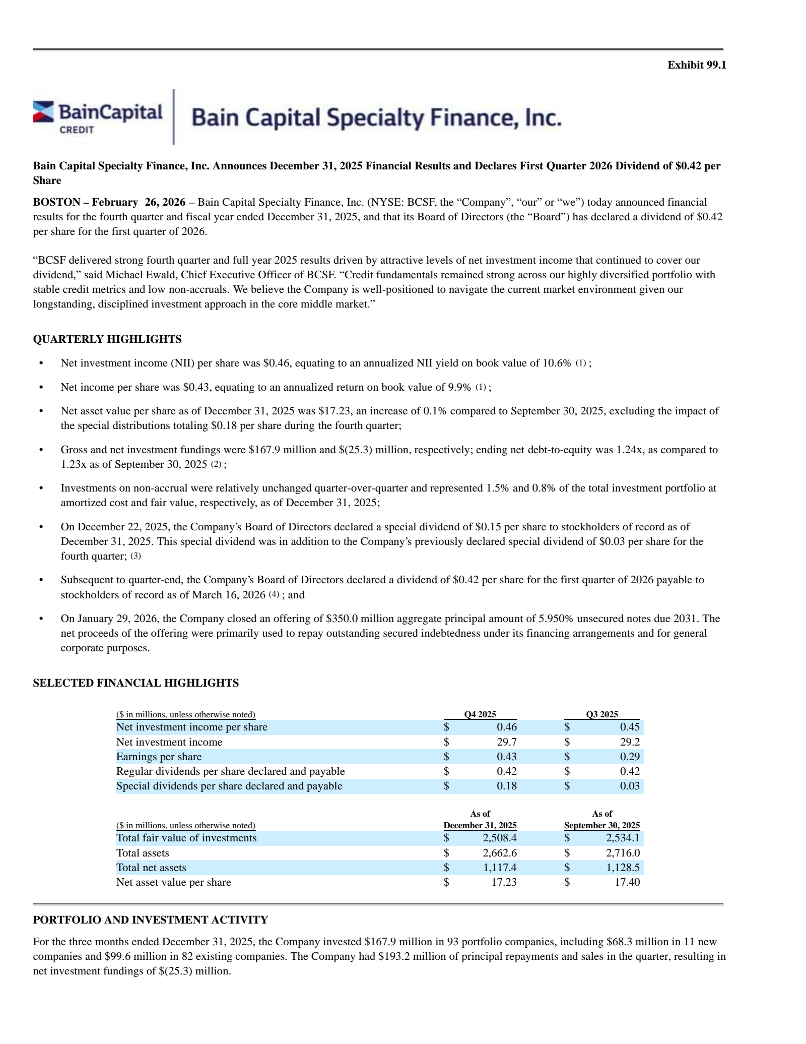 Bain Capital Specialty Finance's Q4 2025 Press Release