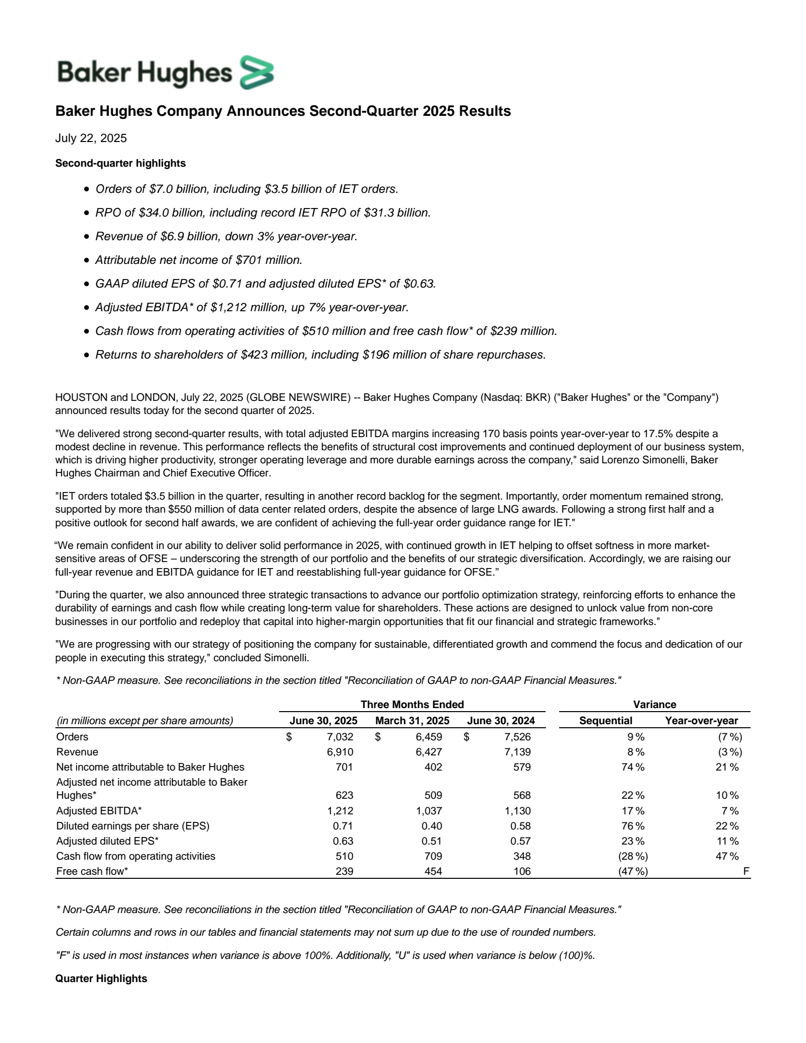 Baker Hughes' Q2 2025 Press Release