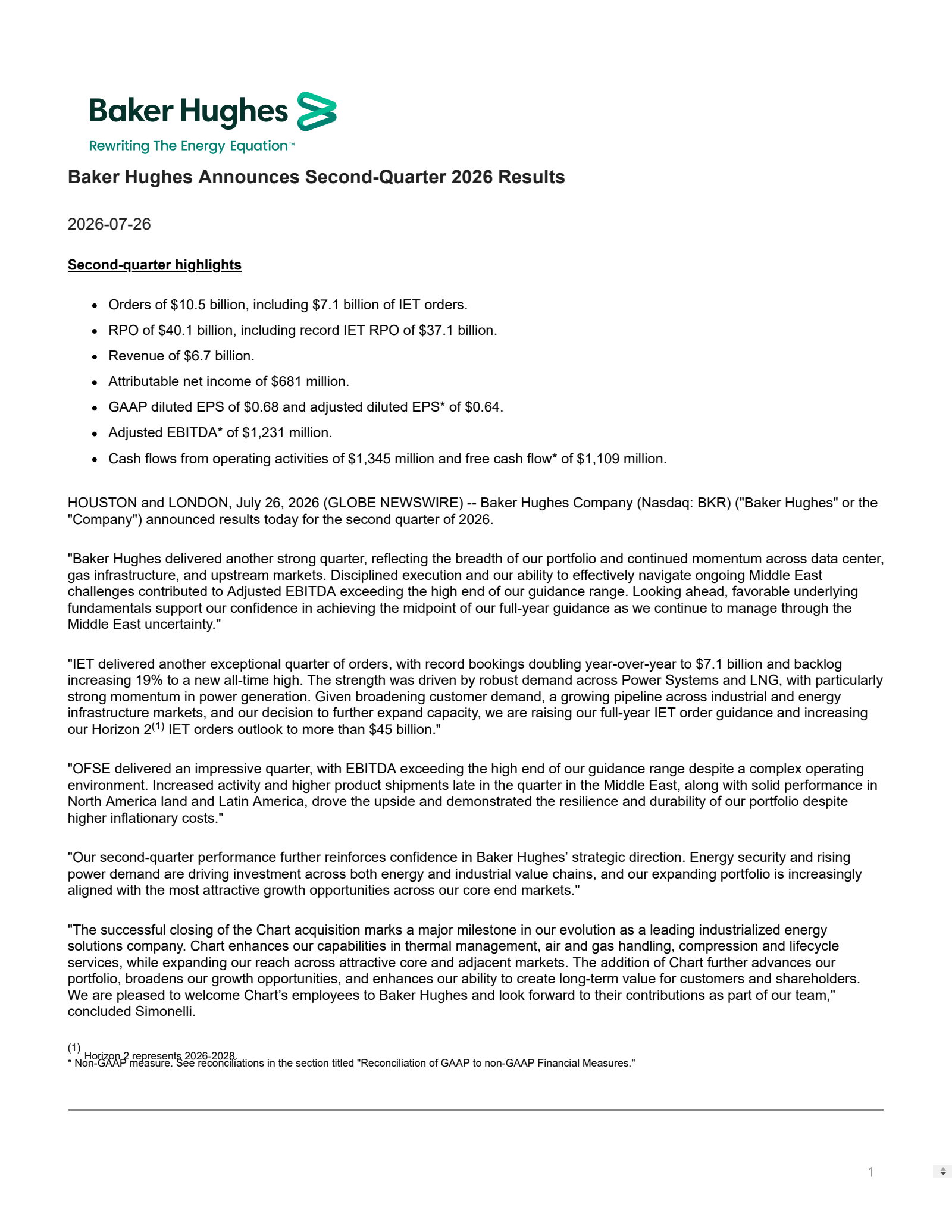 Baker Hughes' Q2 2026 Press Release