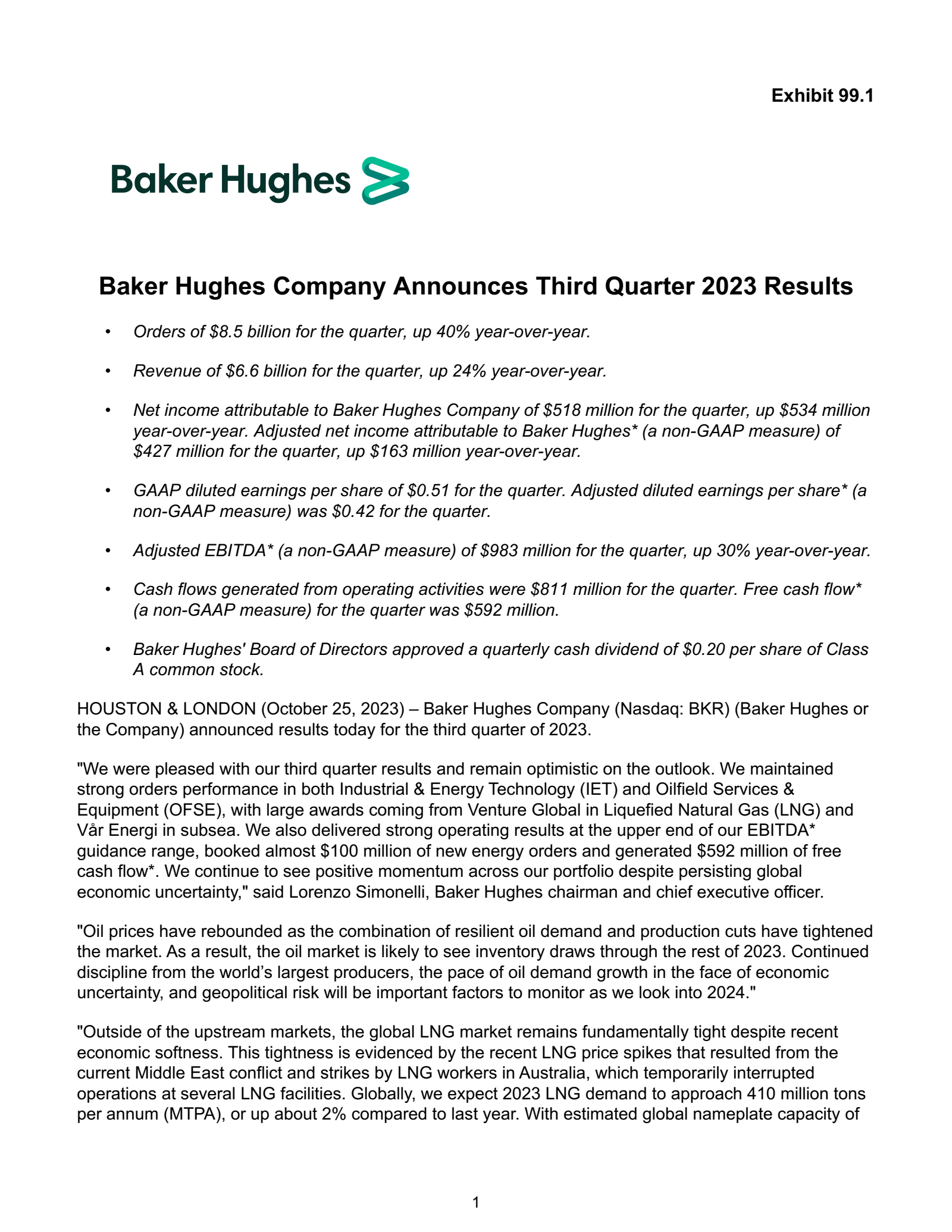 Baker Hughes' Q3 2023 Press Release