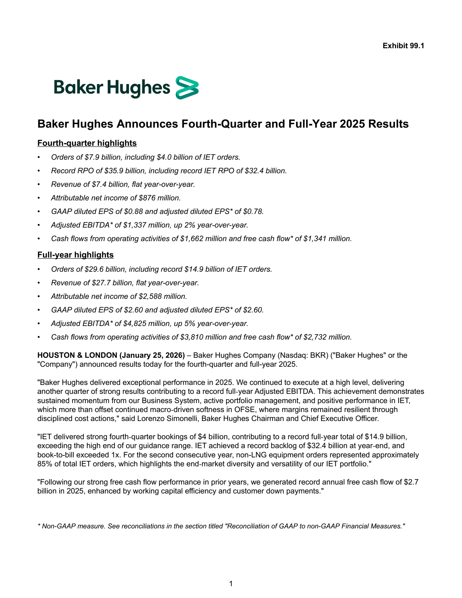 Baker Hughes' Q4 2025 Press Release