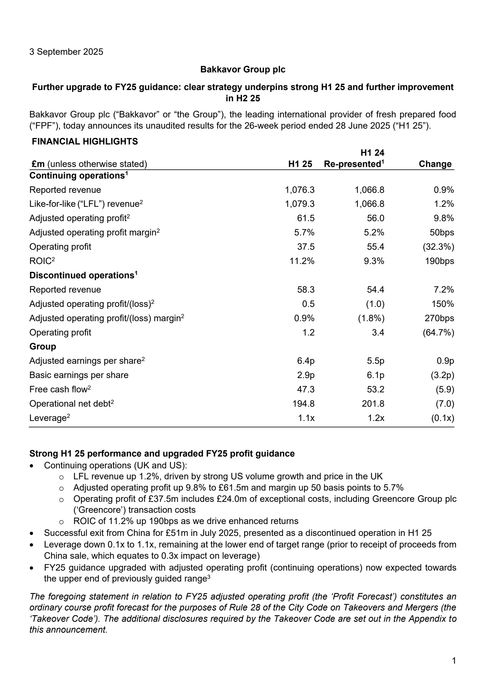 Bakkavor Group's H1 2025 Interim report
