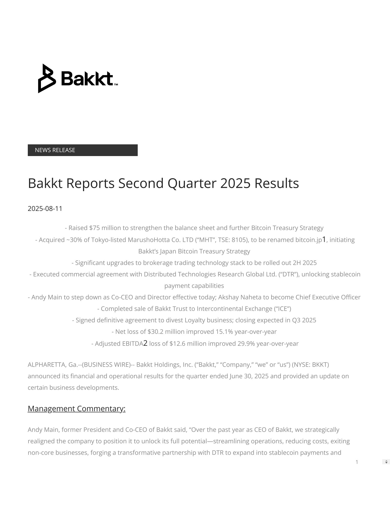 Bakkt's Q2 2025 Press Release