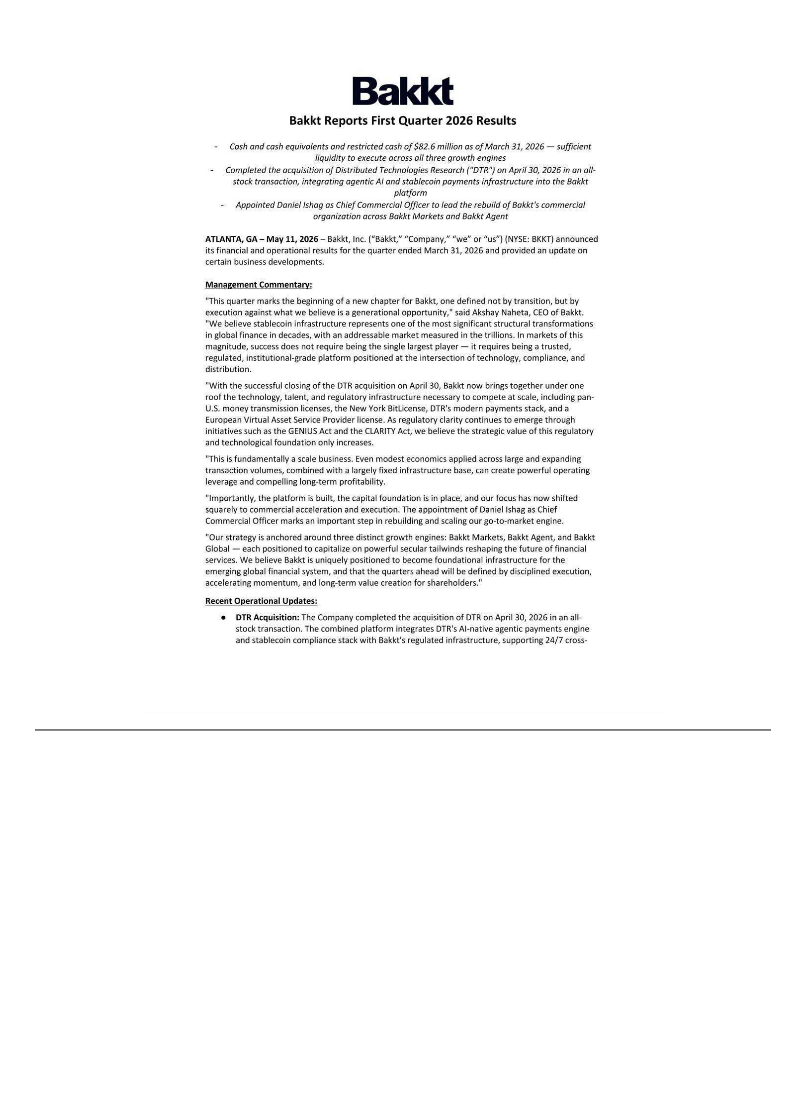 Bakkt's Q1 2026 Press Release