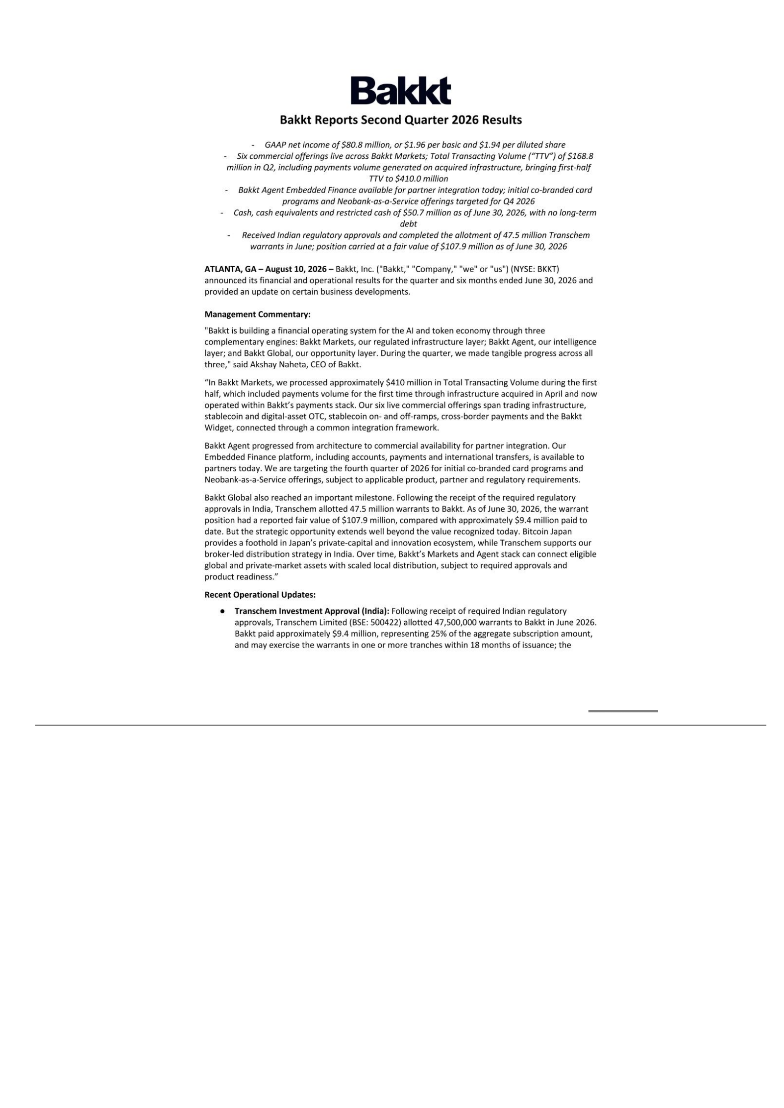 Bakkt's Q2 2026 Press Release