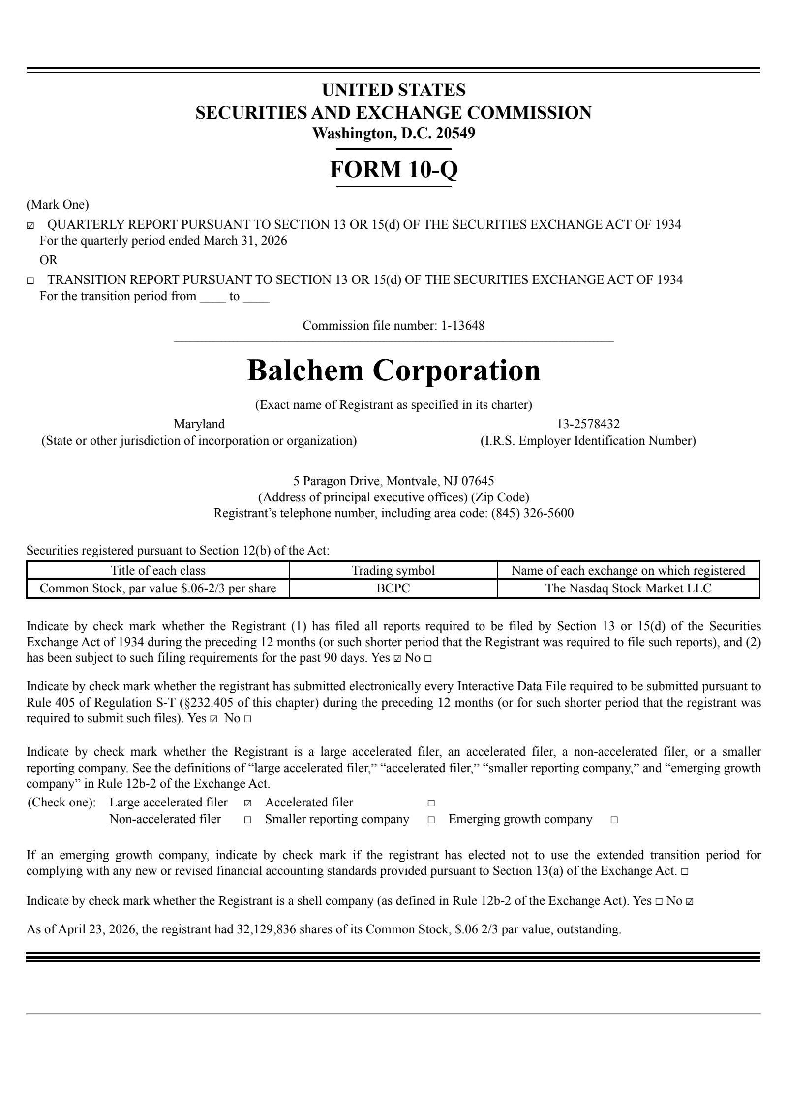 Balchem's Q1 2026 Quarterly report