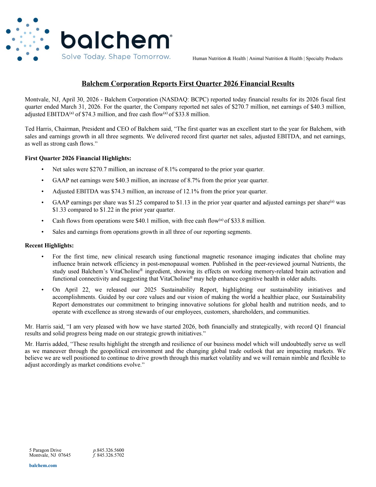 Balchem's Q1 2026 Press Release