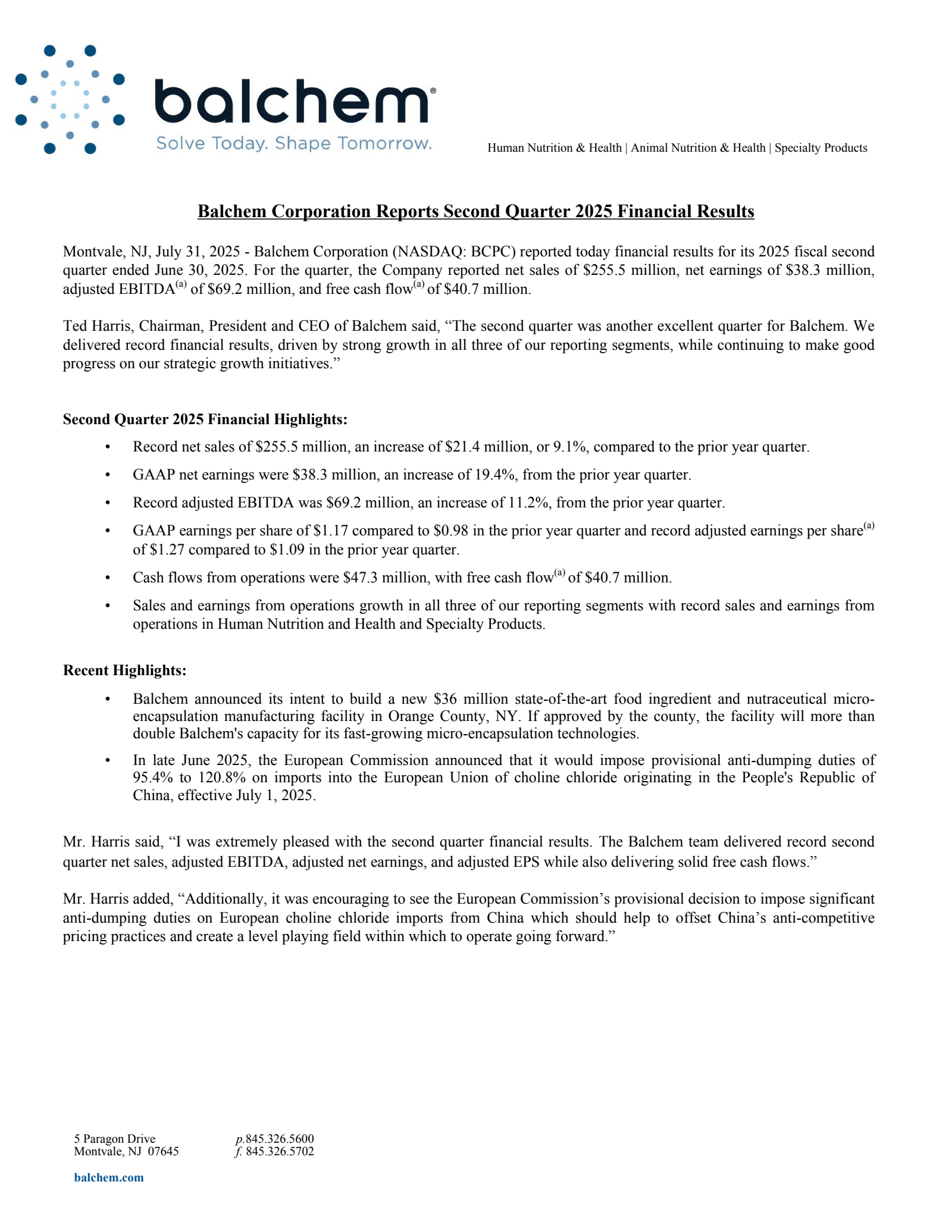 Balchem's Q2 2025 Press Release