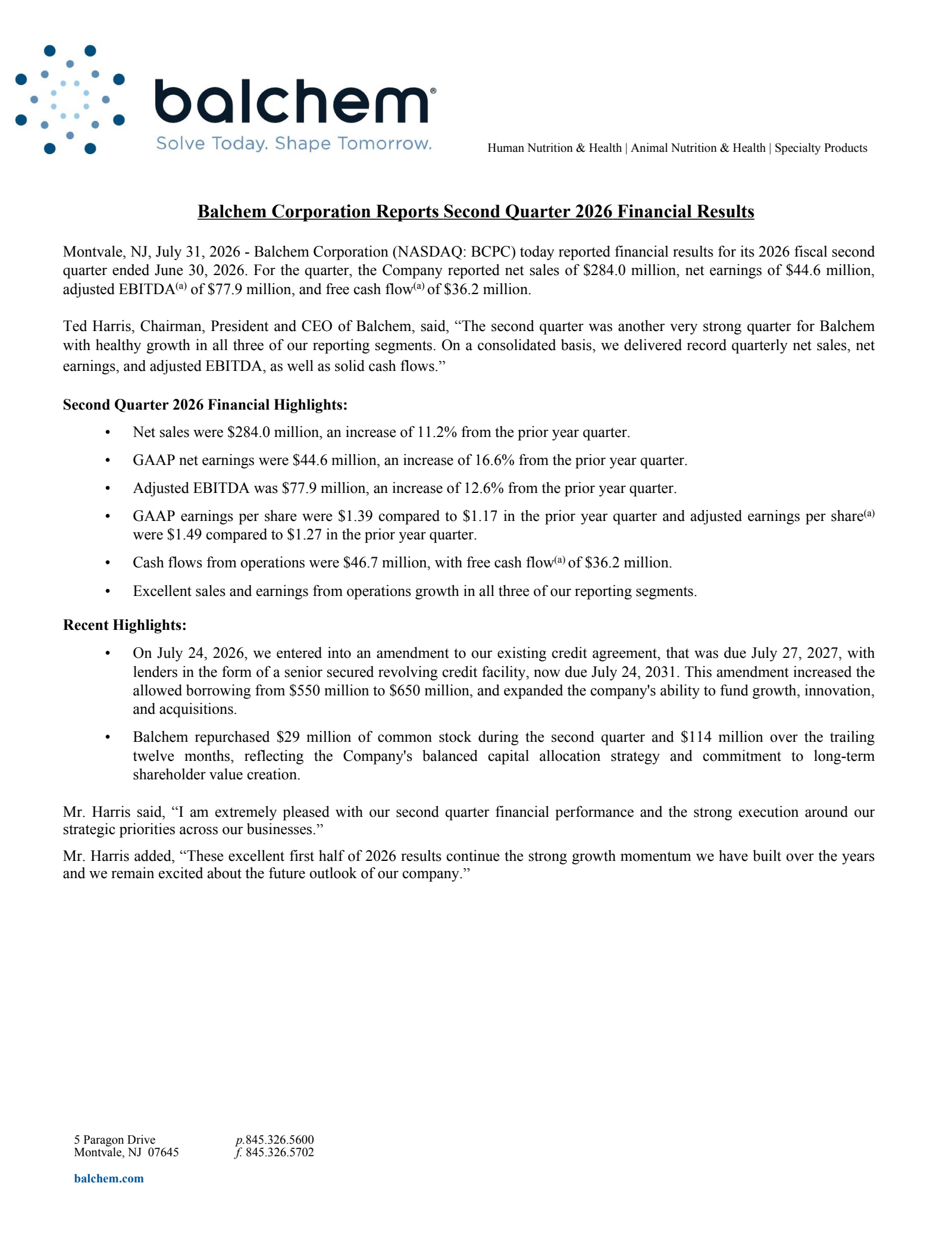 Balchem's Q2 2026 Press Release
