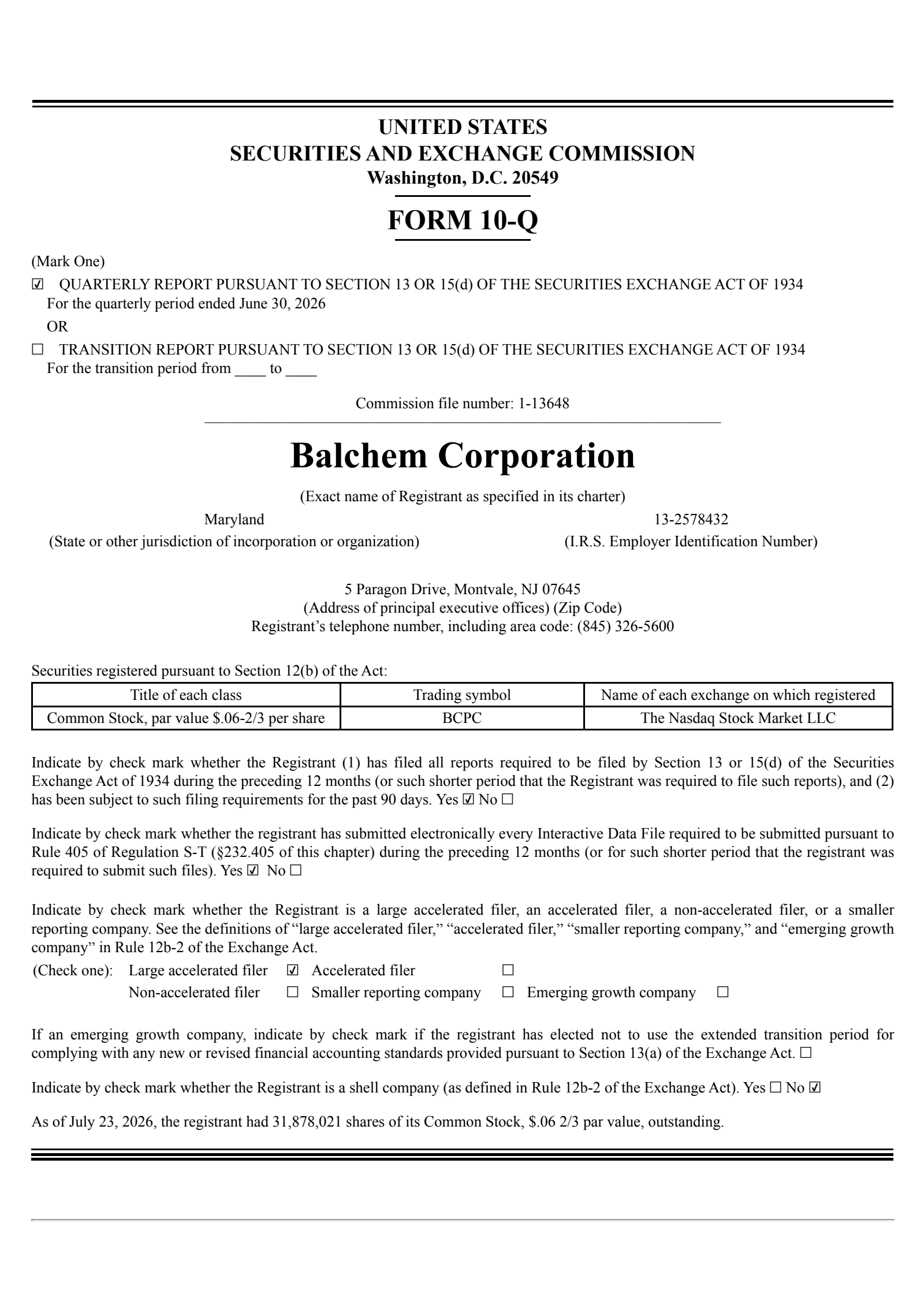 Balchem's Q2 2026 Quarterly report