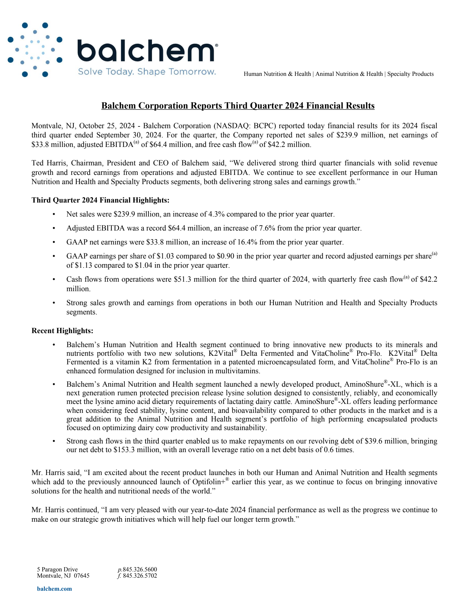 Balchem's Q3 2024 Press Release