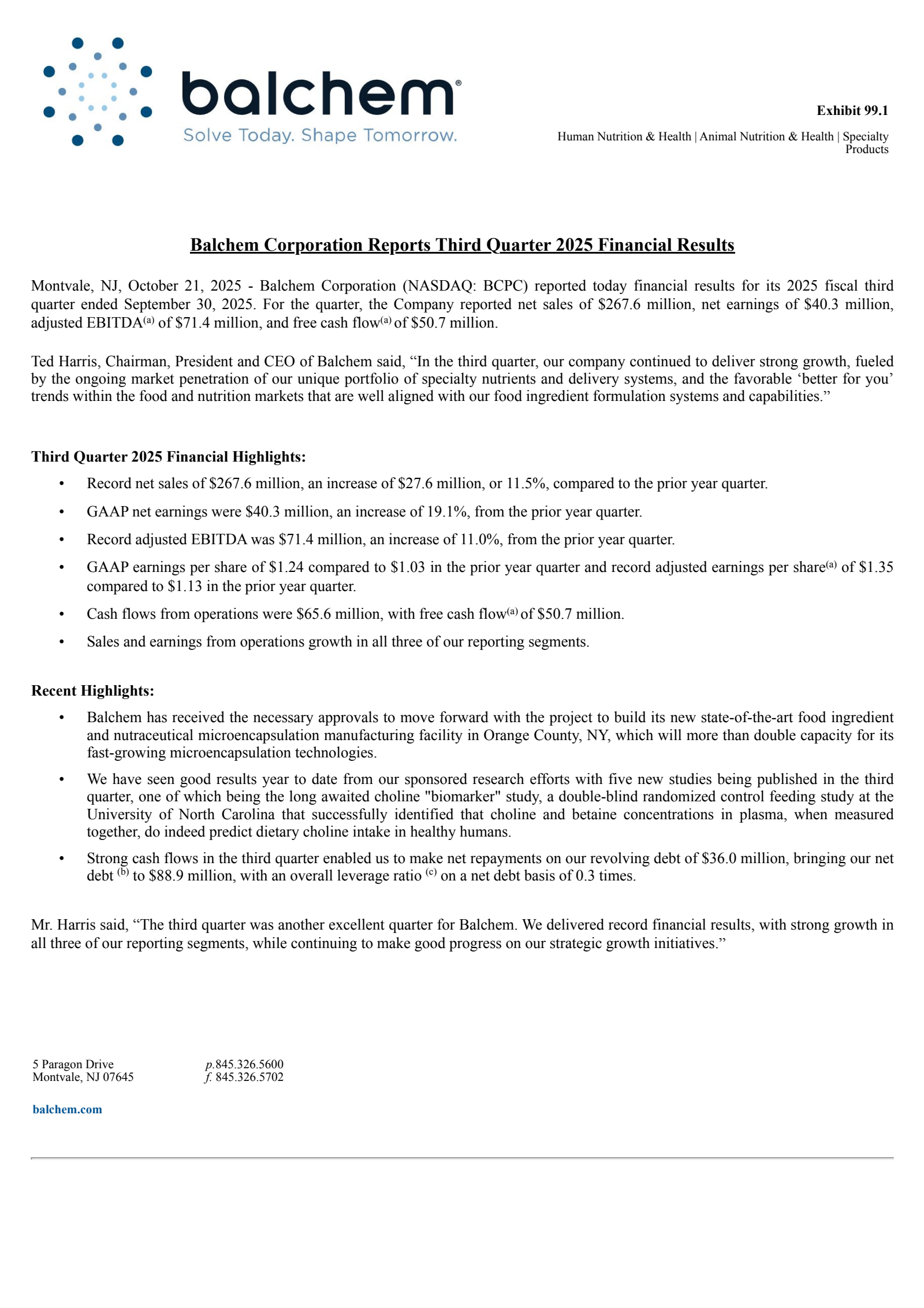 Balchem's Q3 2025 Earnings Release