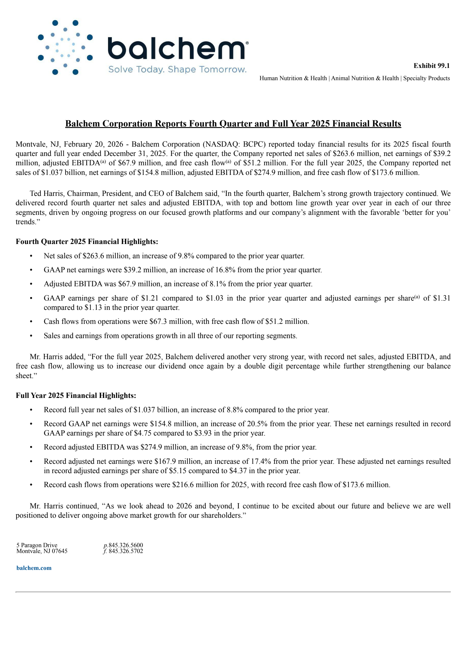 Balchem's Q4 2025 Press Release