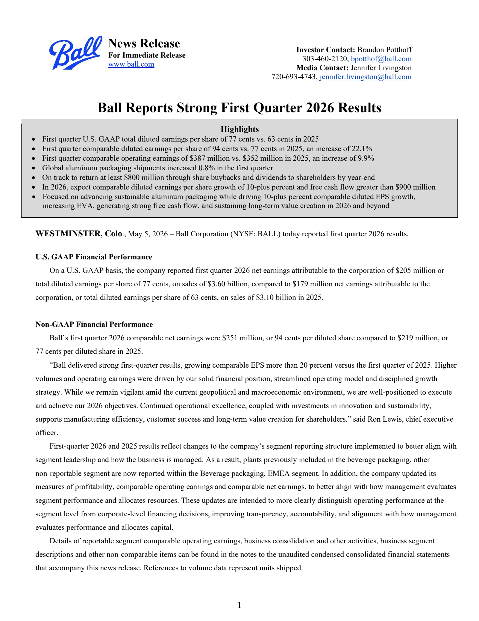 Ball's Q1 2026 Press Release