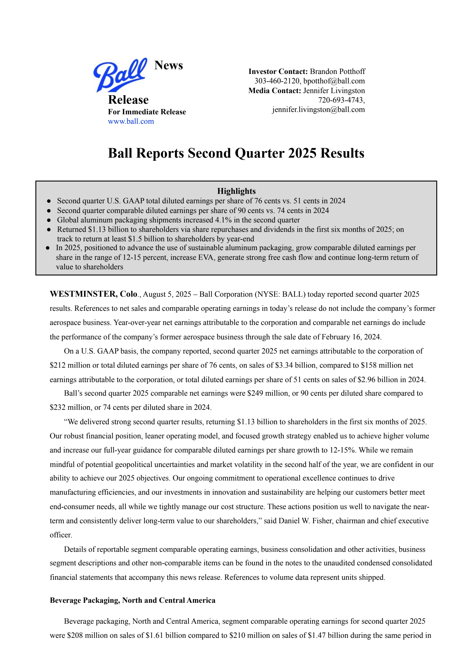 Ball's Q2 2025 Press Release