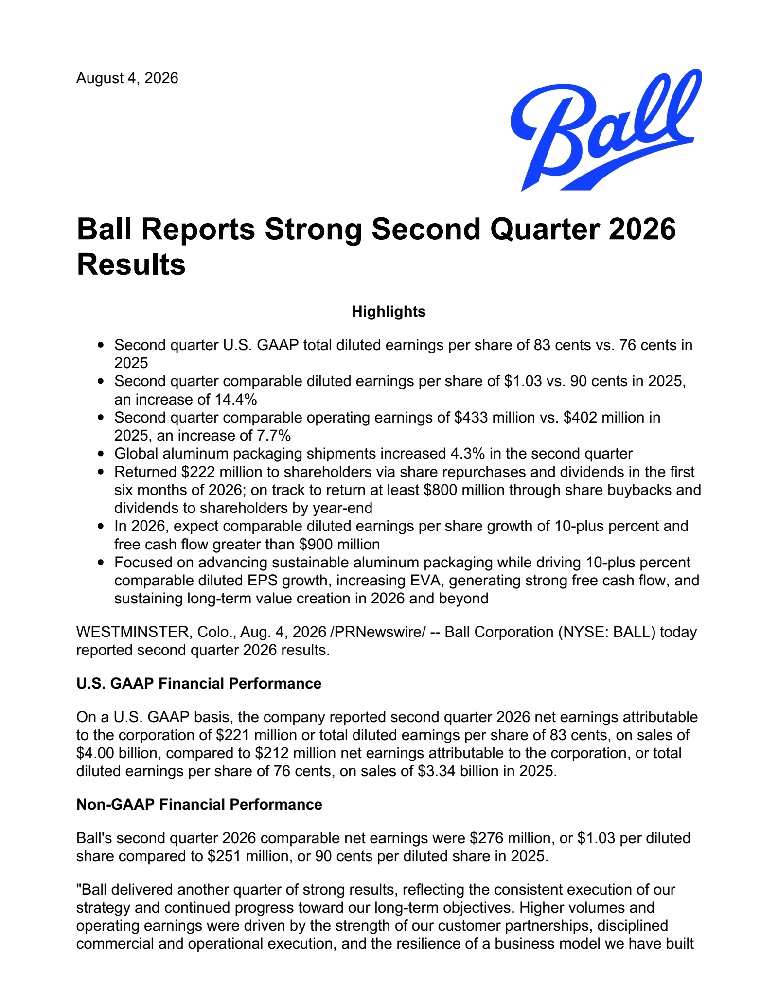 Ball's Q2 2026 Press Release