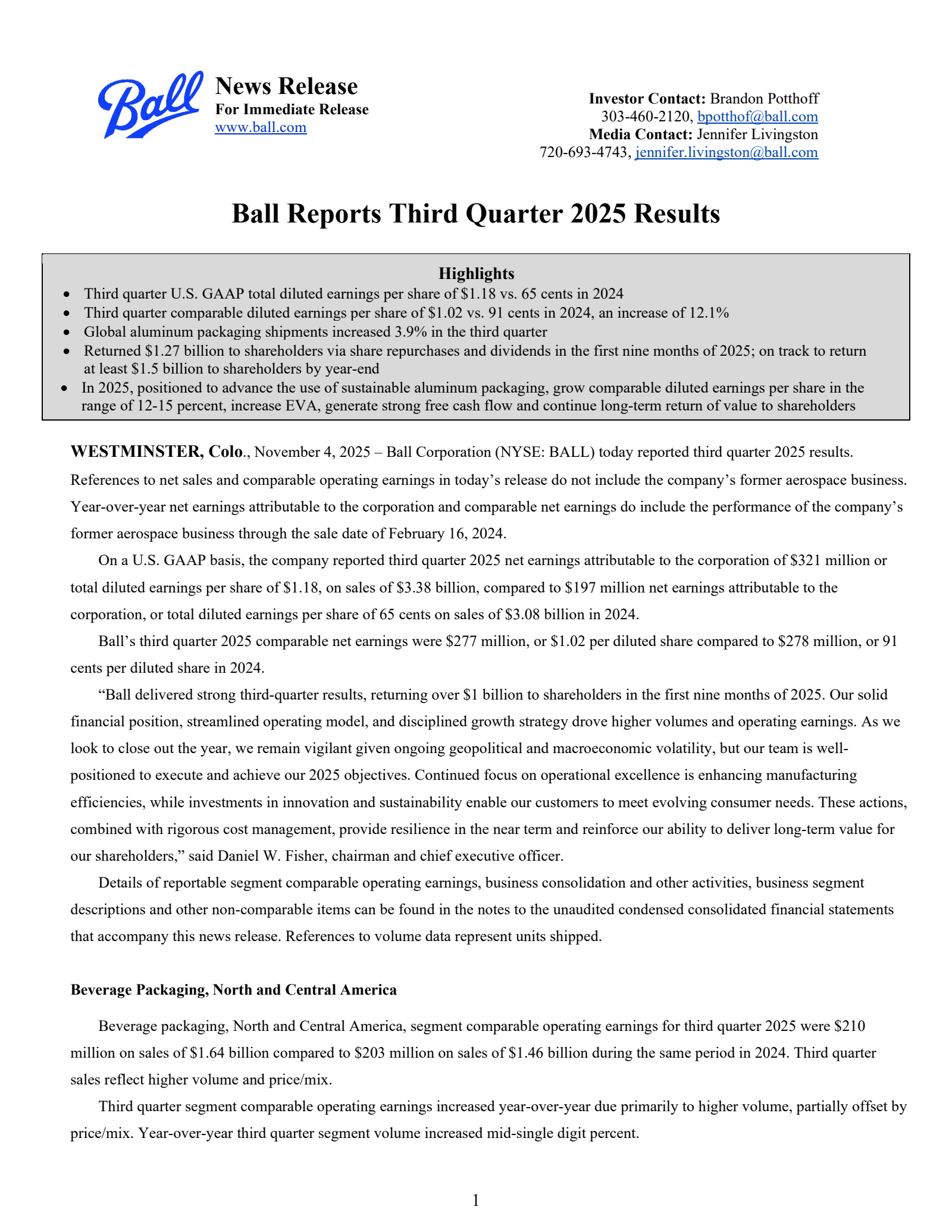 Ball's Q3 2025 Earnings Release