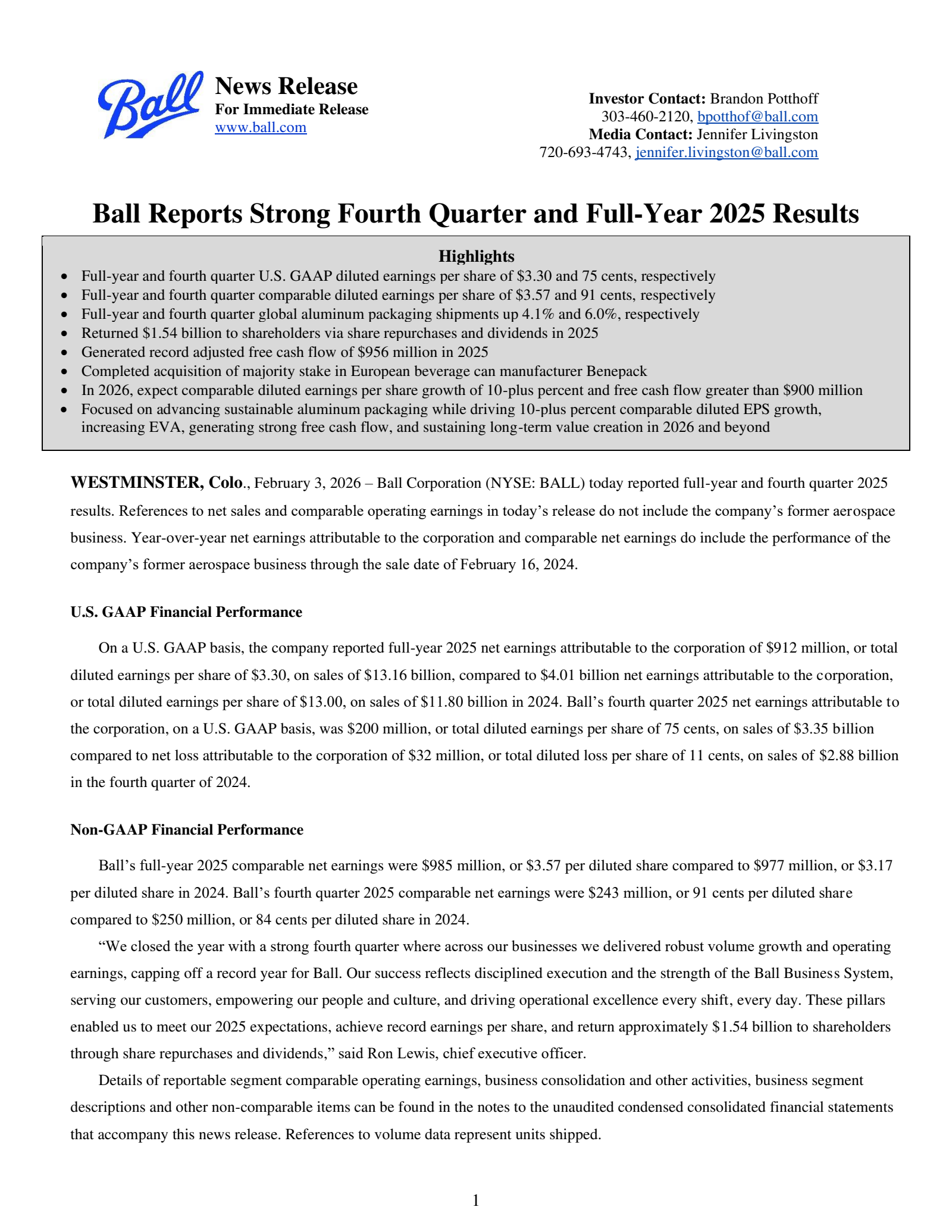 Ball's Q4 2025 Press Release