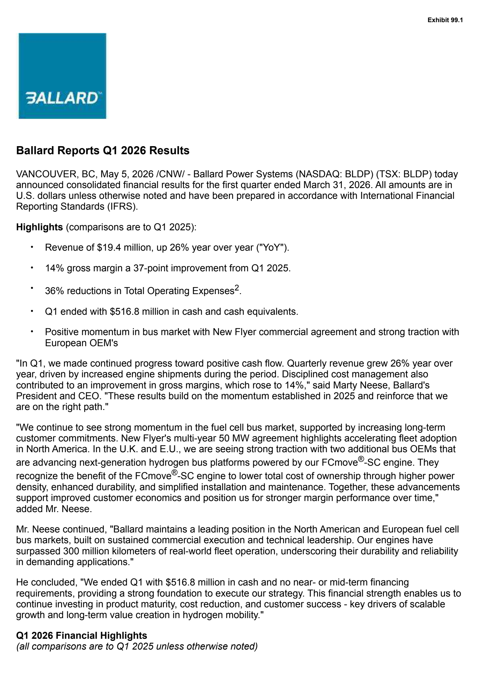 Ballard Power Systems' Q1 2026 Press Release