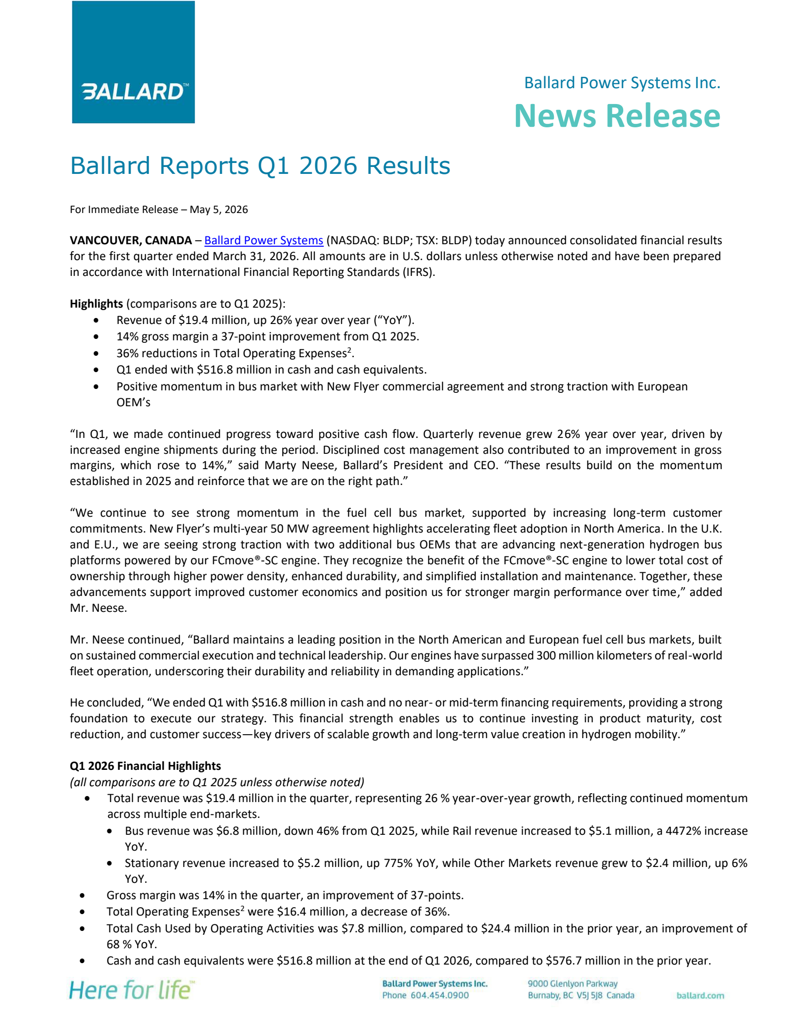 Ballard Power Systems' Q1 2026 Press Release