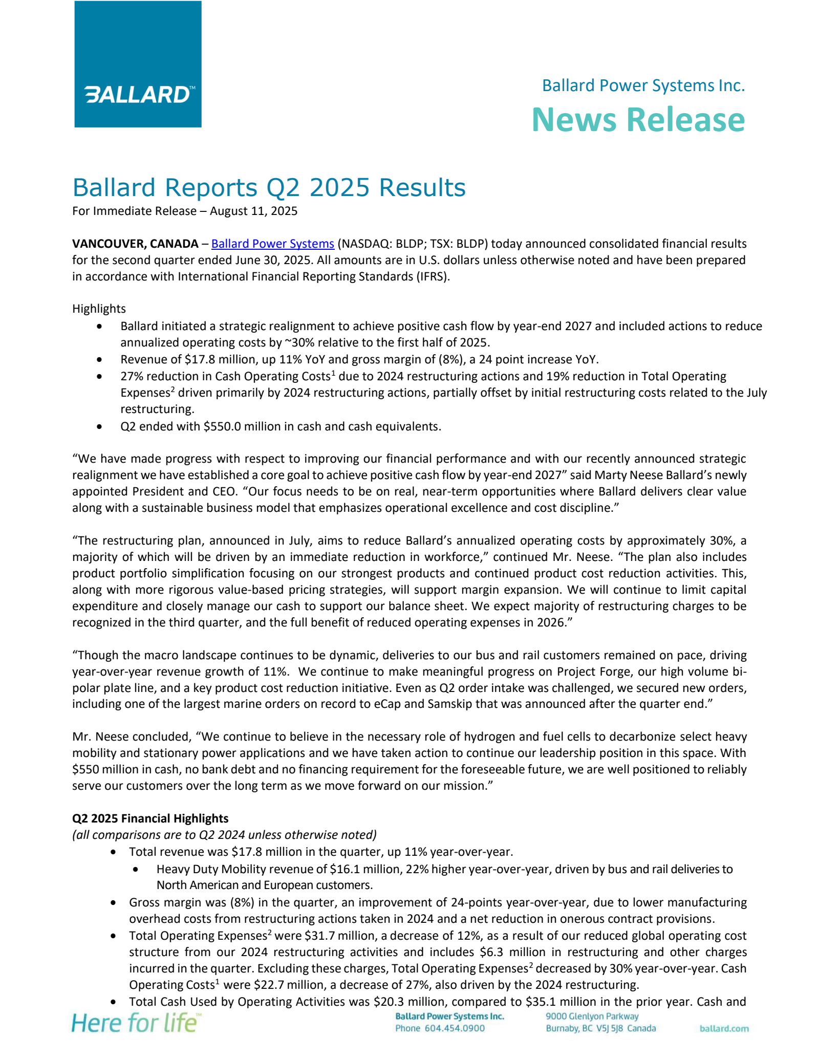 Ballard Power Systems' Q2 2025 Press Release
