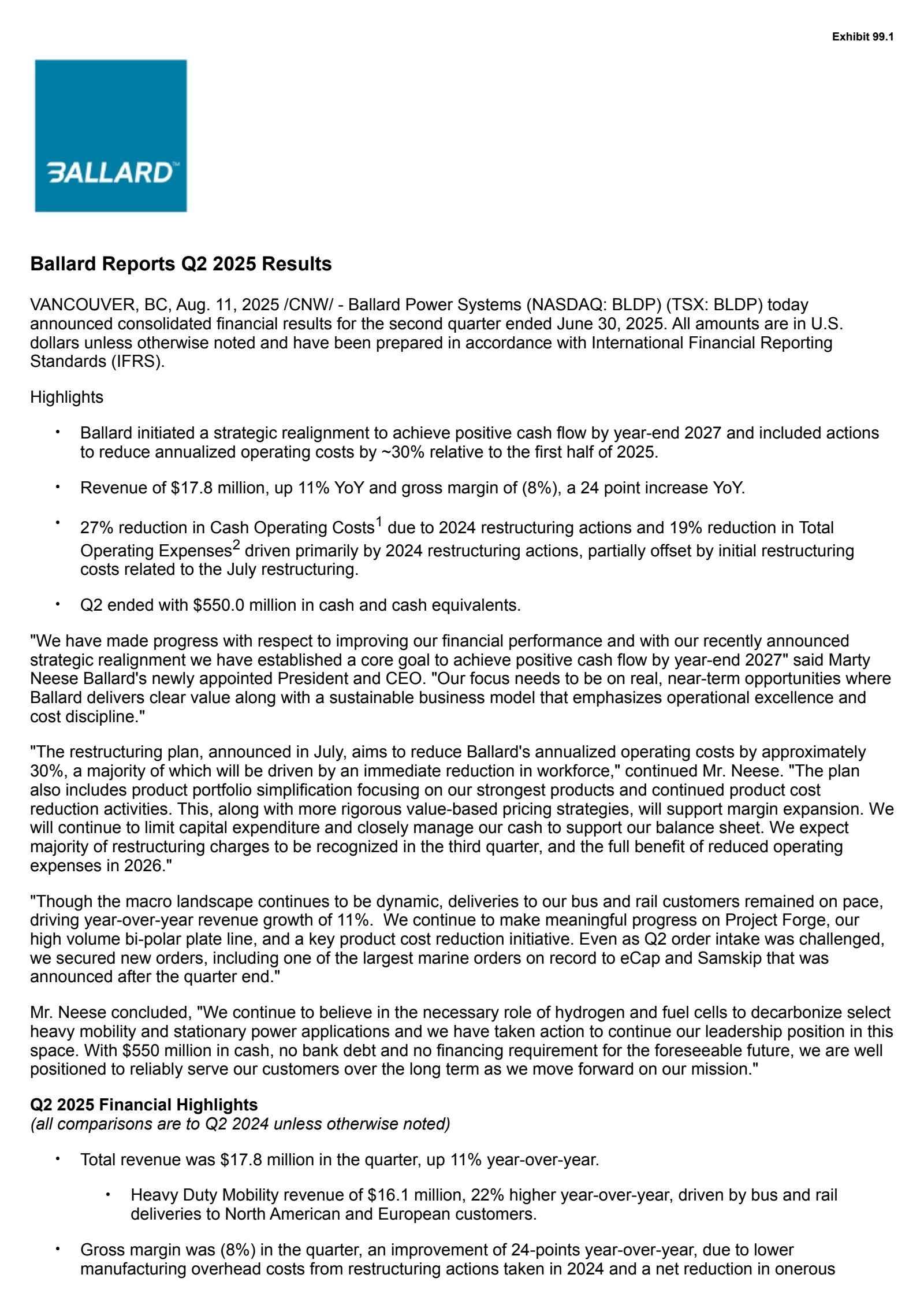 Ballard Power Systems' Q2 2025 Press Release