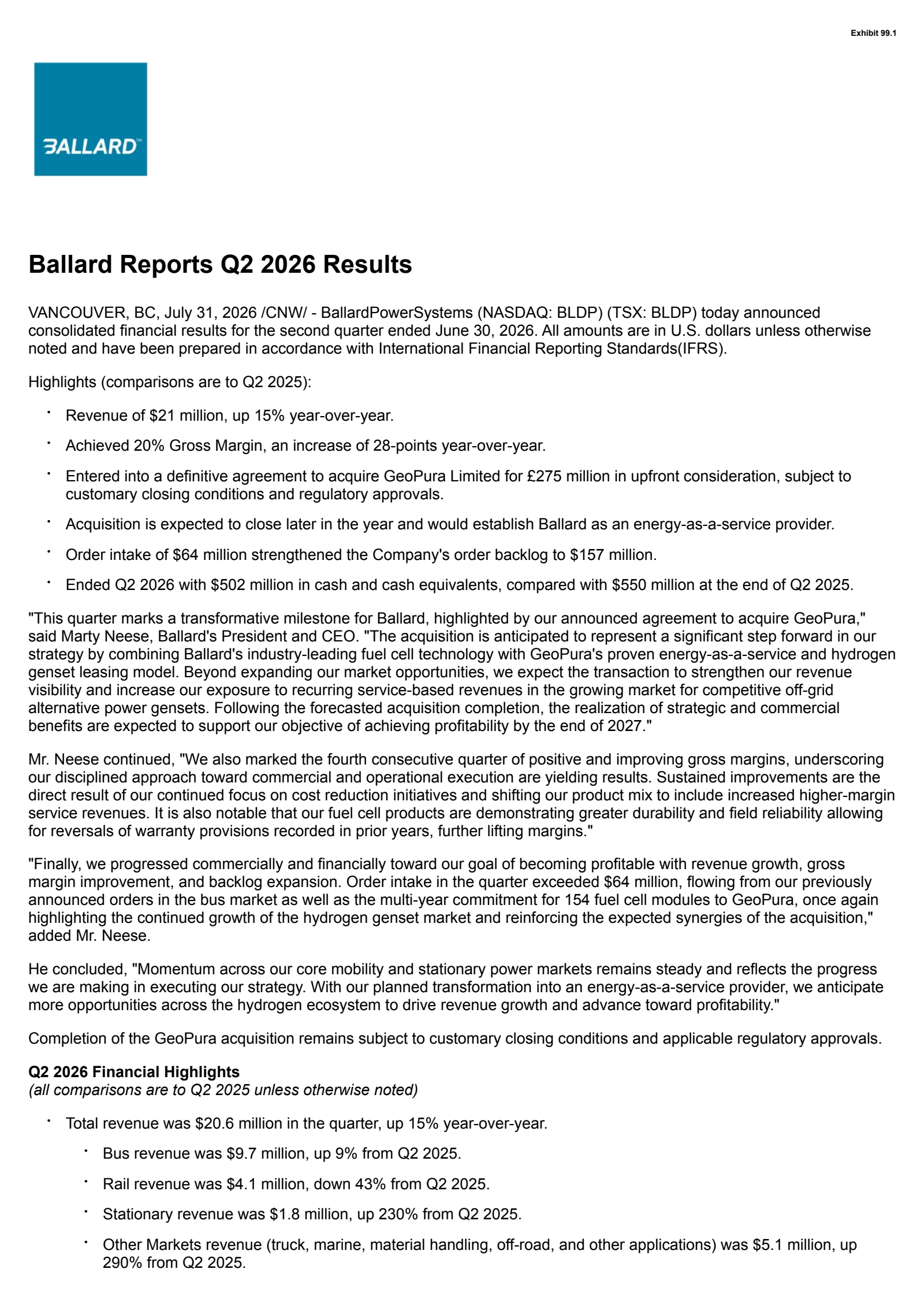 Ballard Power Systems' Q2 2026 Press Release