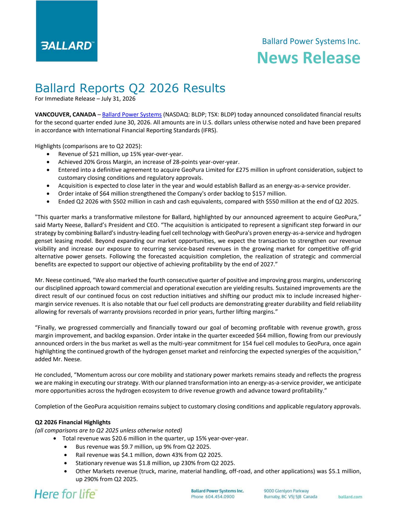 Ballard Power Systems' Q2 2026 Press Release