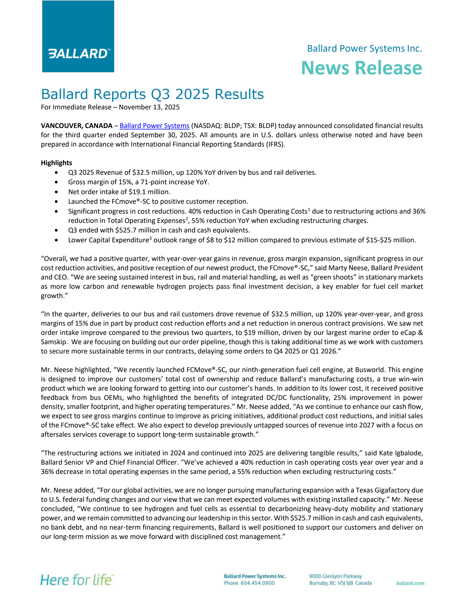 Ballard Power Systems' Q3 2025 Earnings Release