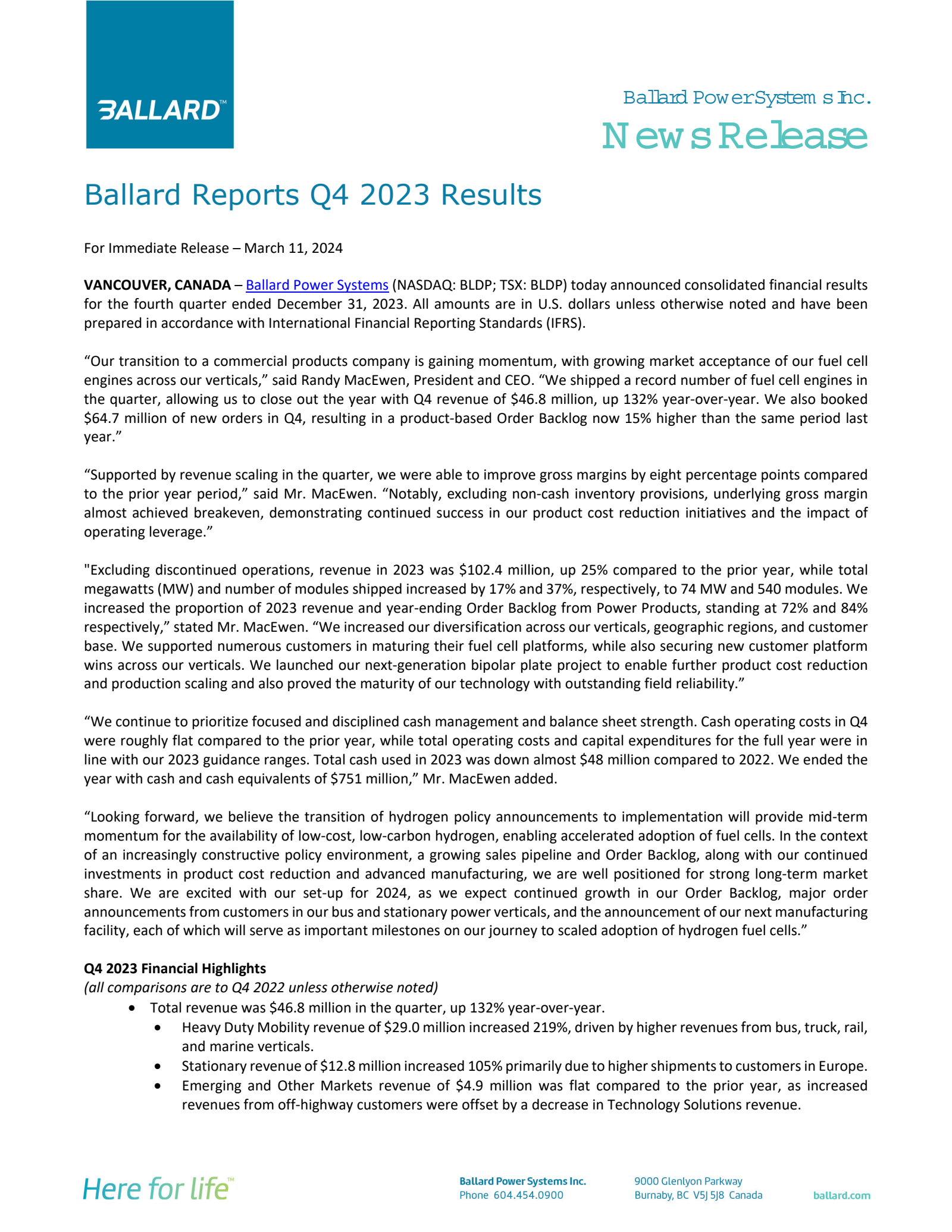 Ballard Power Systems' Q4 2023 Press Release