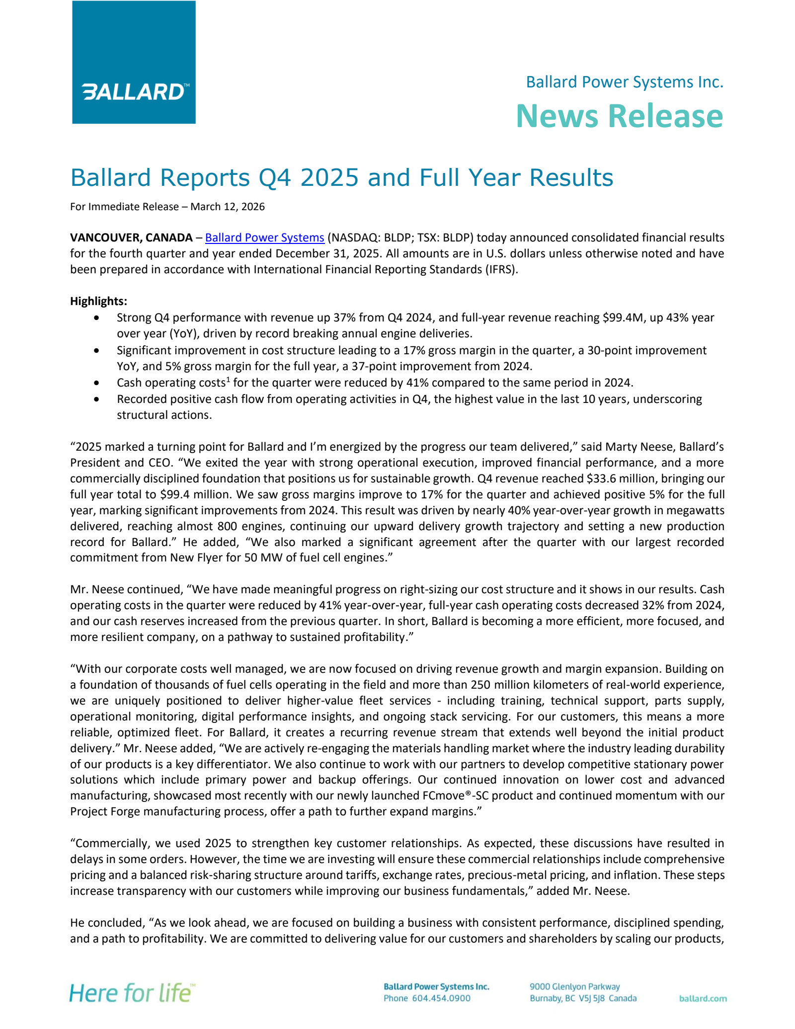 Ballard Power Systems' Q4 2025 Press Release