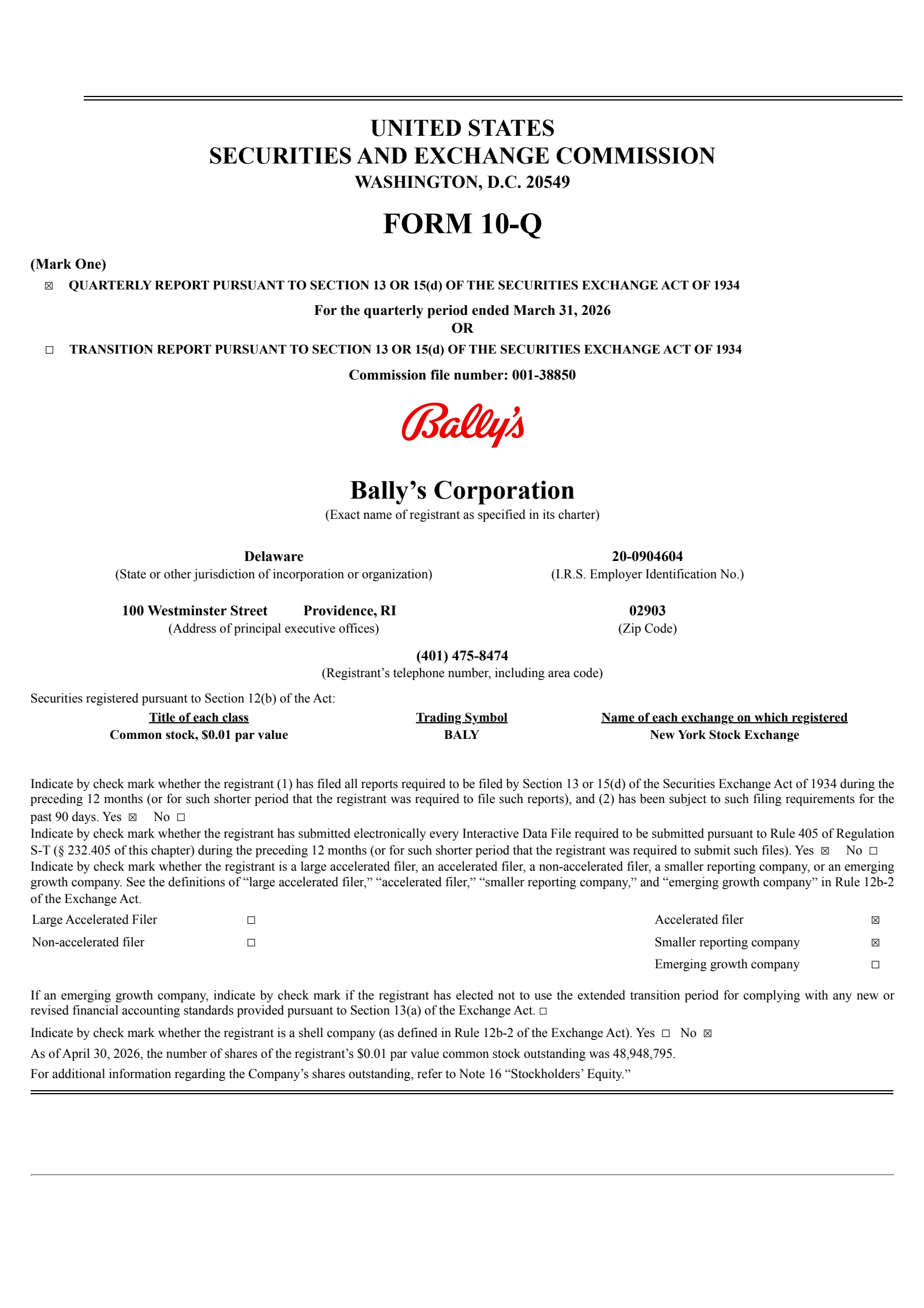 Bally's' Q1 2026 Quarterly report