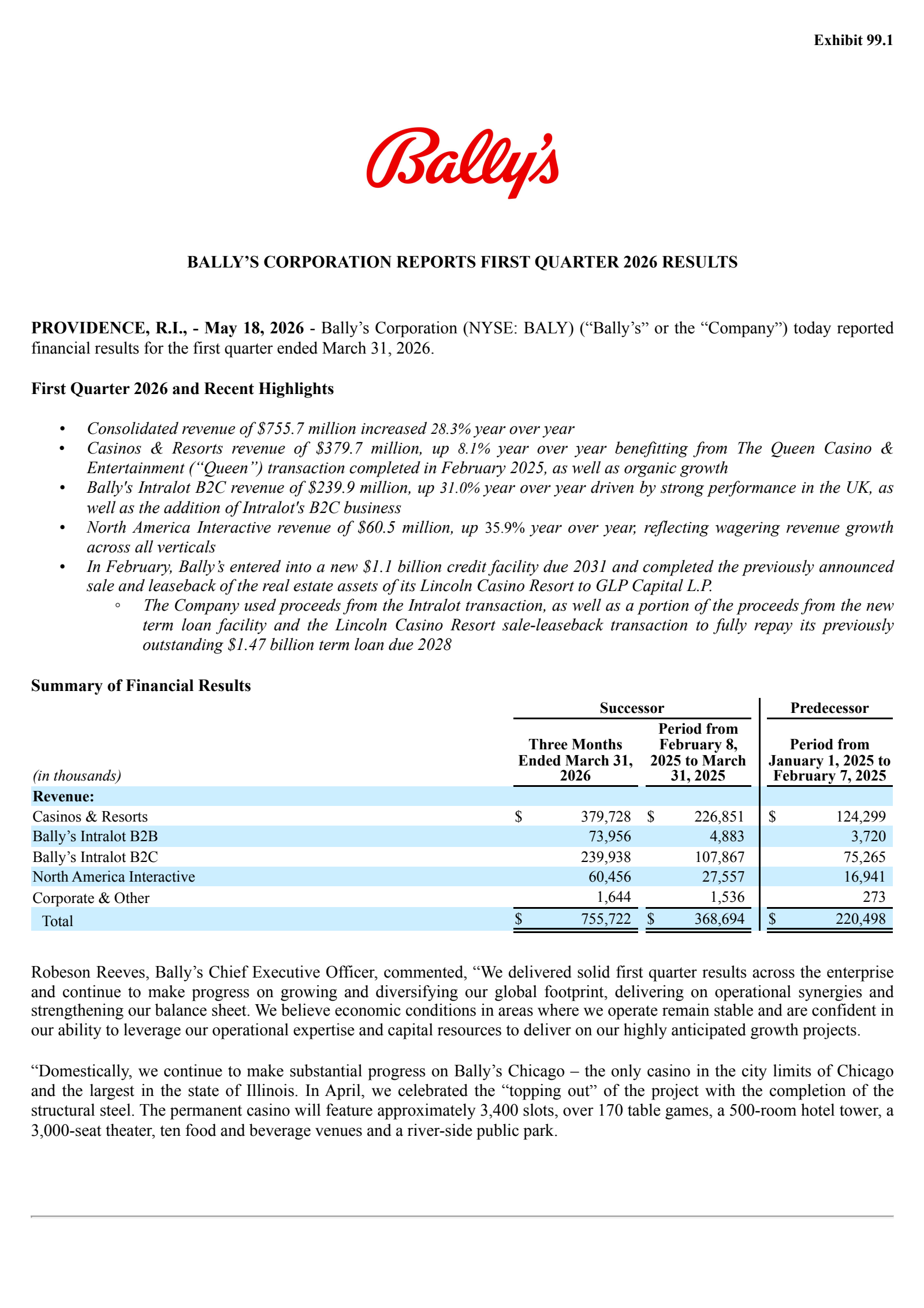 Bally's' Q1 2026 Press Release