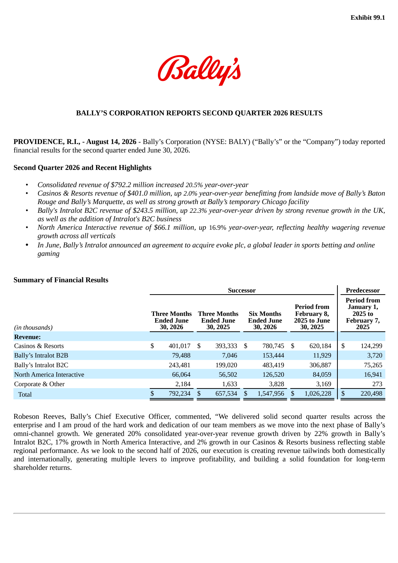 Bally's' Q2 2026 Press Release