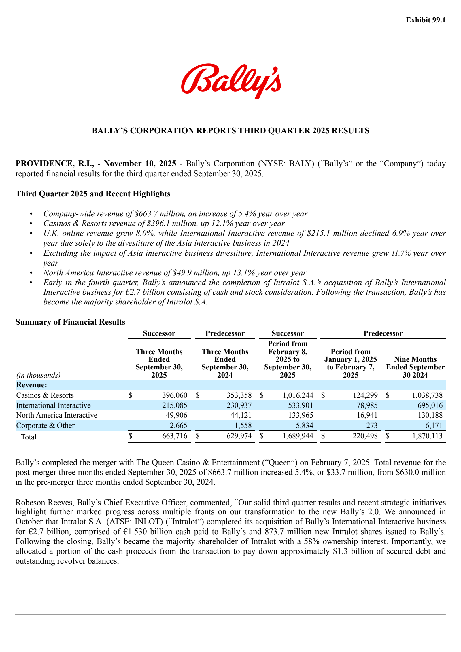 Bally's' Q3 2025 Earnings Release