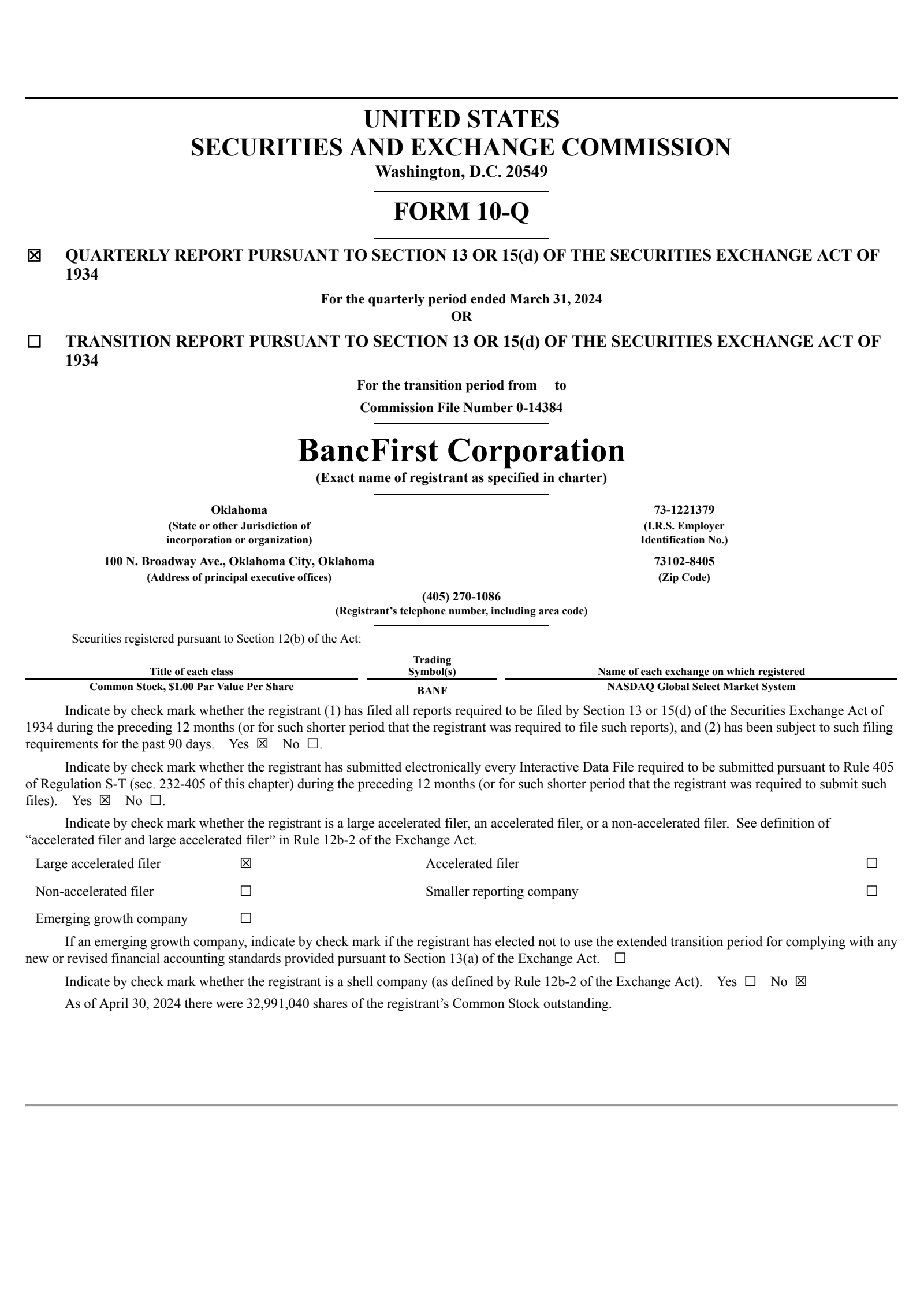 BANF Q1 2024 Earnings Report on 4/18/2024