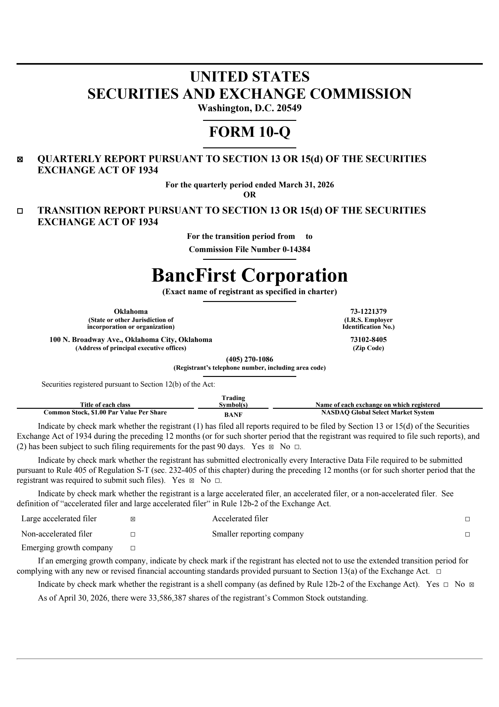 BancFirst's Q1 2026 Quarterly report