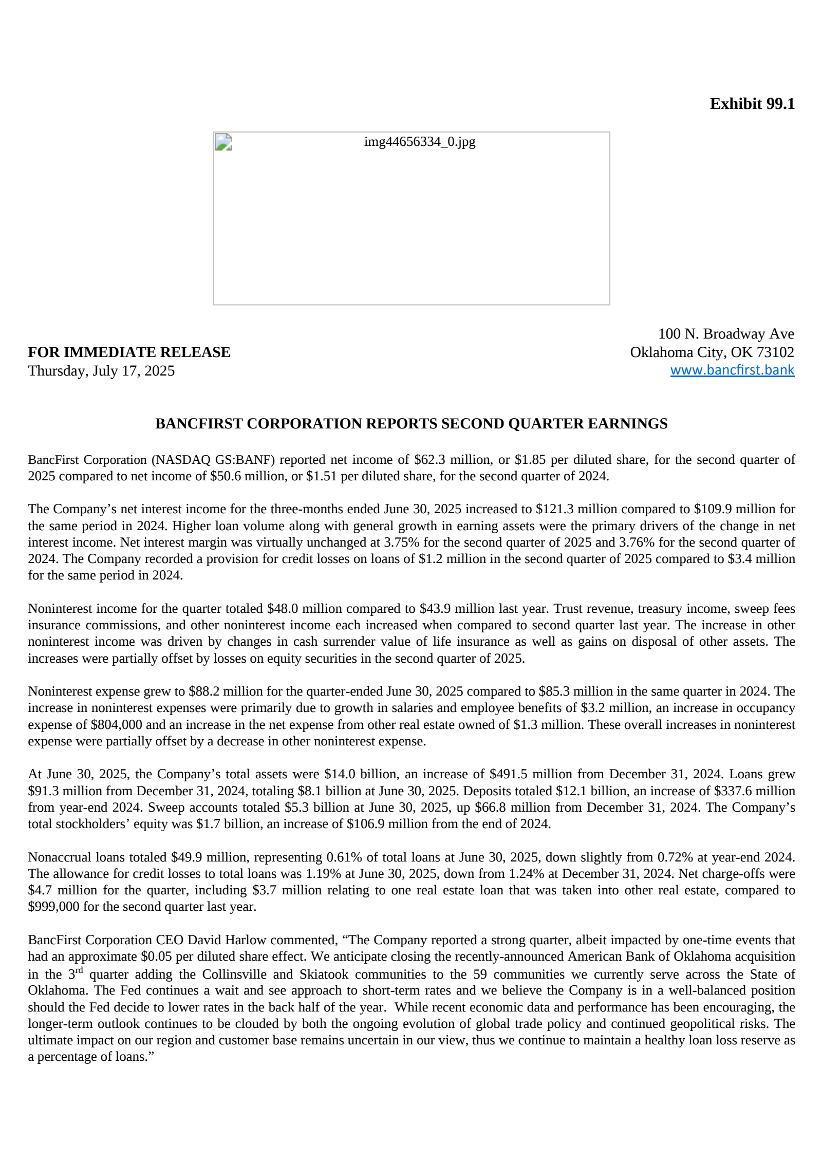 BancFirst's Q2 2025 Press Release