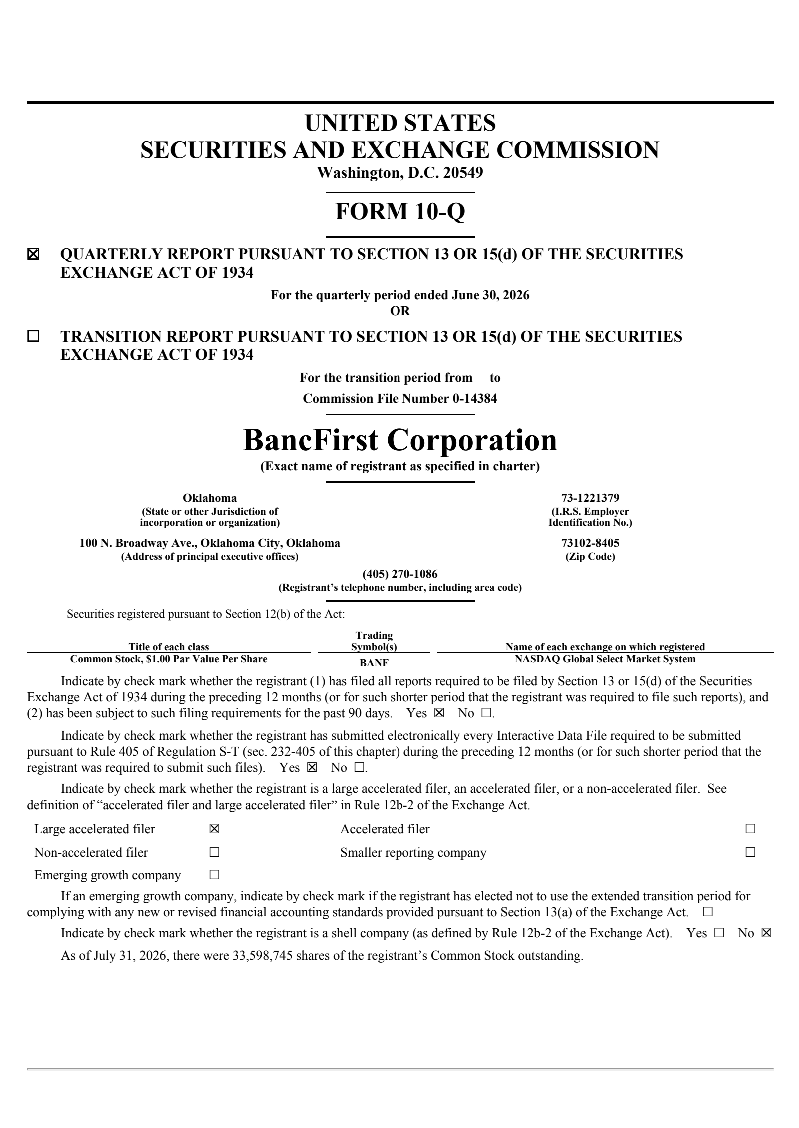 BancFirst's Q2 2026 Quarterly report