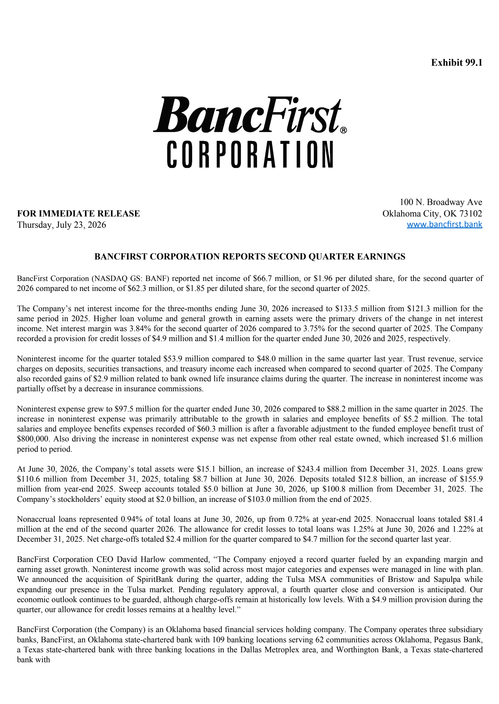BancFirst's Q2 2026 Press Release