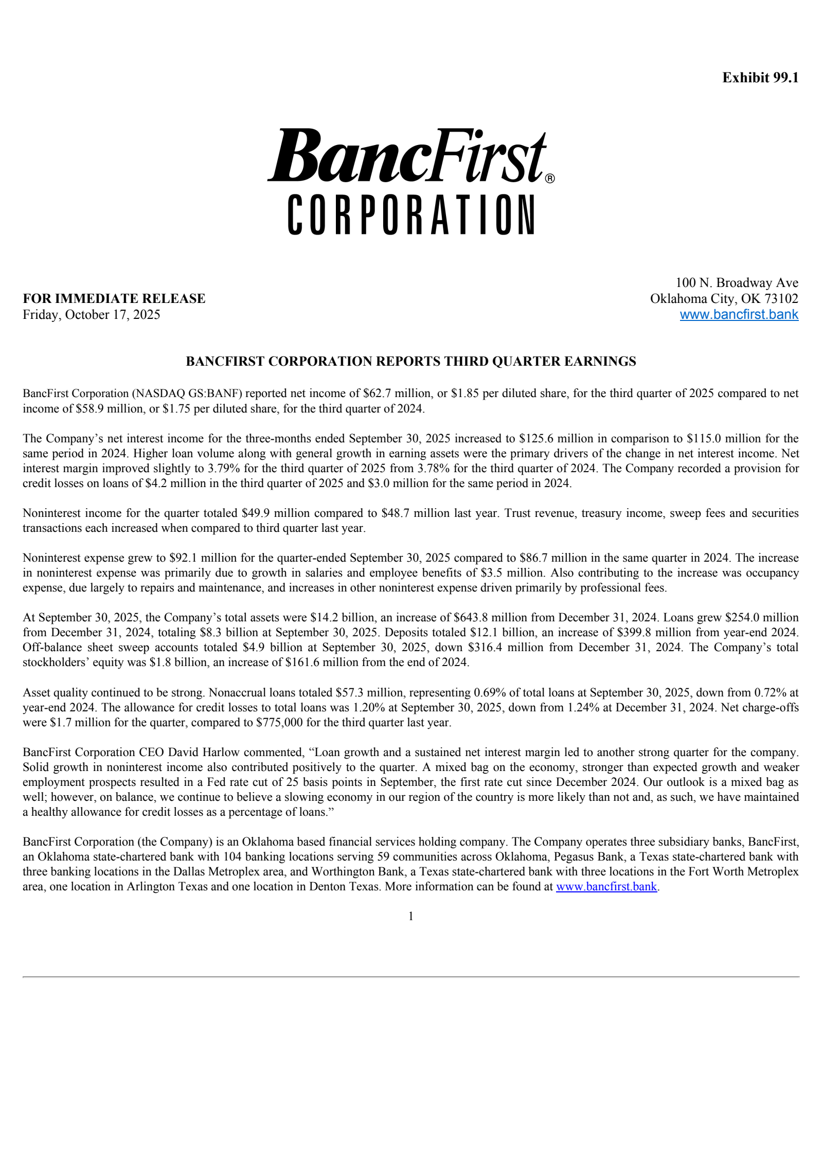 BancFirst's Q3 2025 Earnings Release