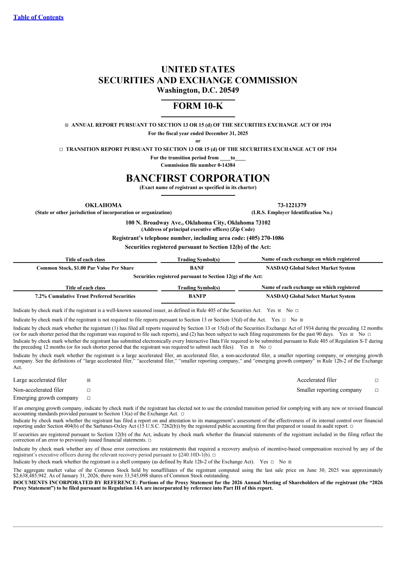 BancFirst's Q4 2025 Annual report