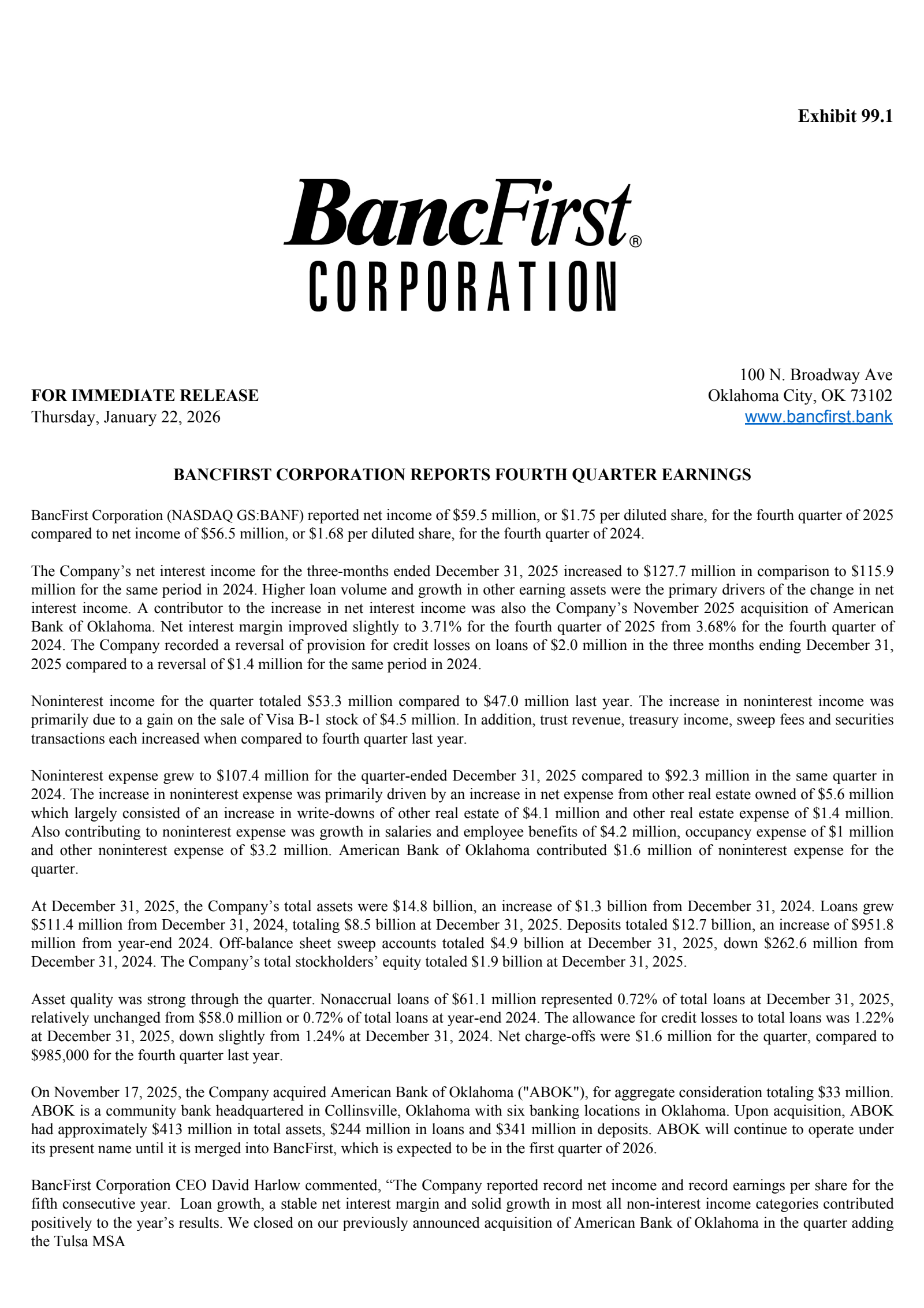 BancFirst's Q4 2025 Press Release