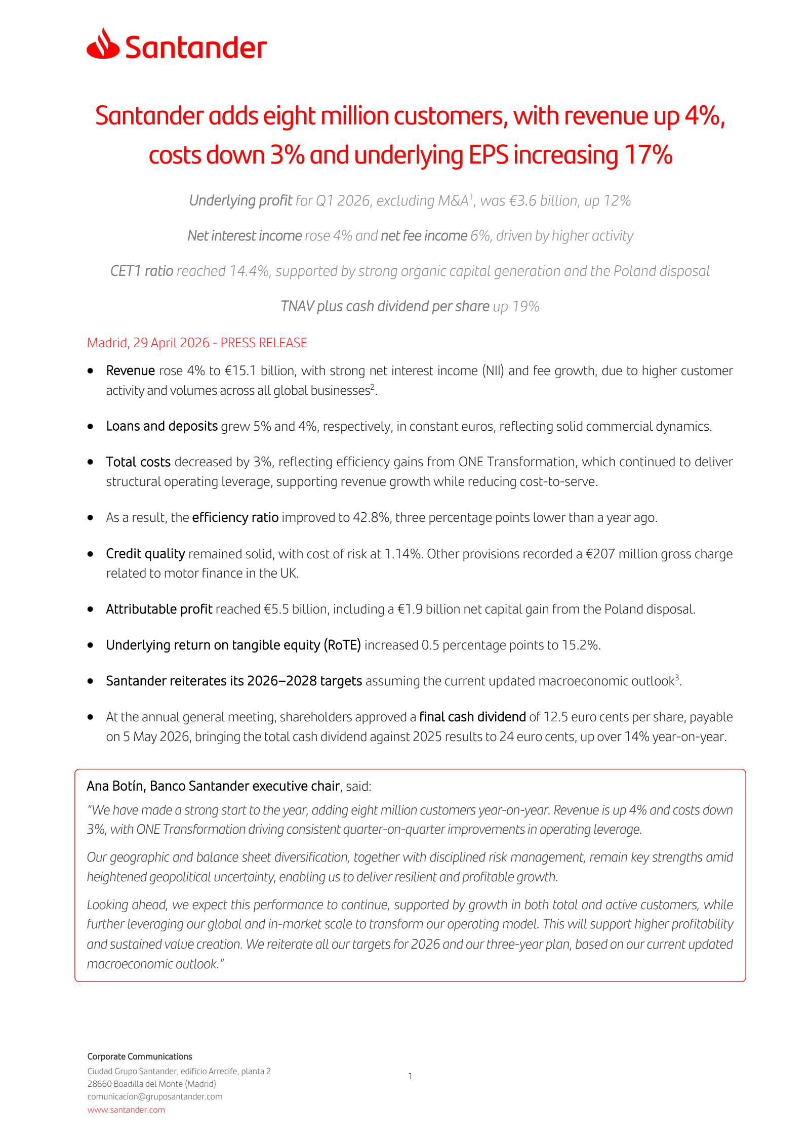 Banco Santander's Q1 2026 Press Release