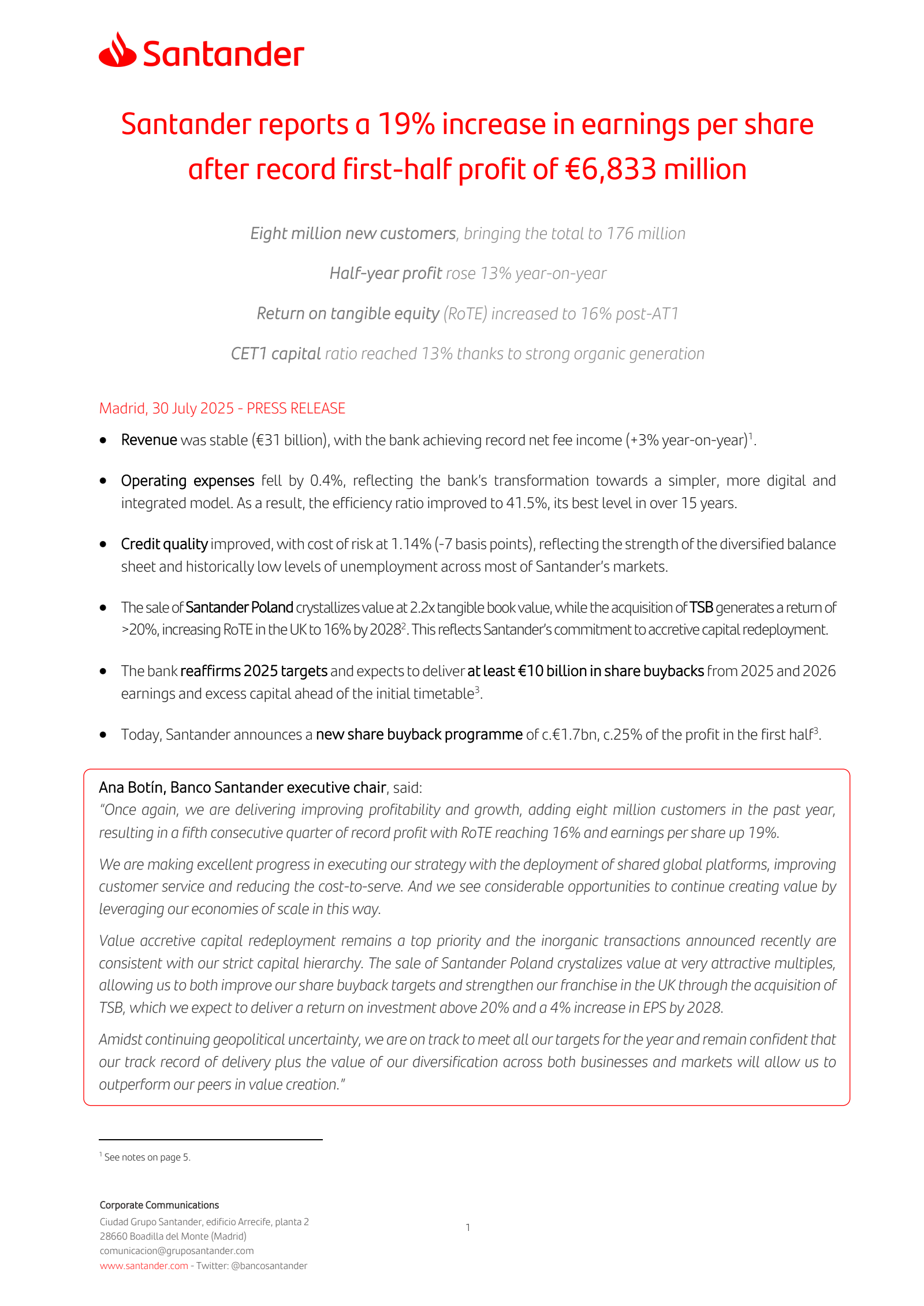 Banco Santander's Q2 2025 Press Release